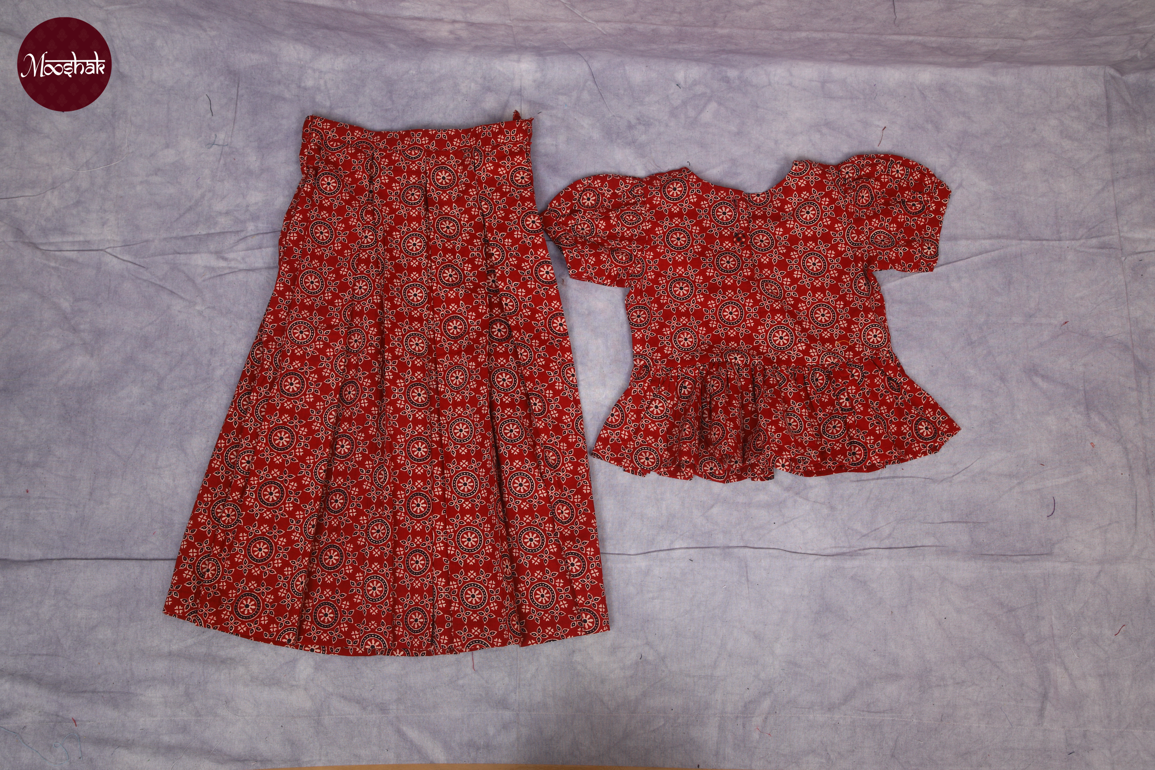 Laadli - Skirt and Top in Red Circle Ajrakh