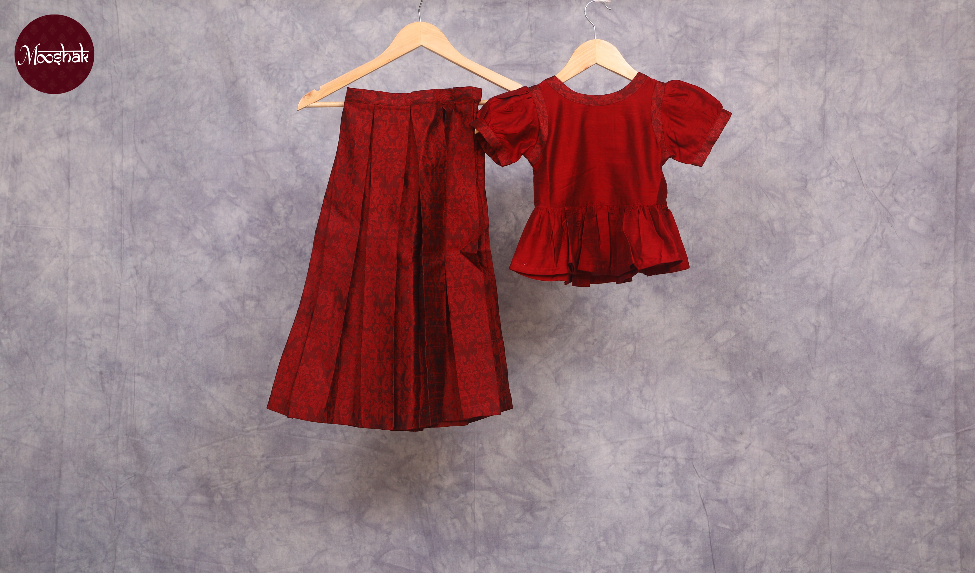 Laadli - Skirt and Top in Red with self motif