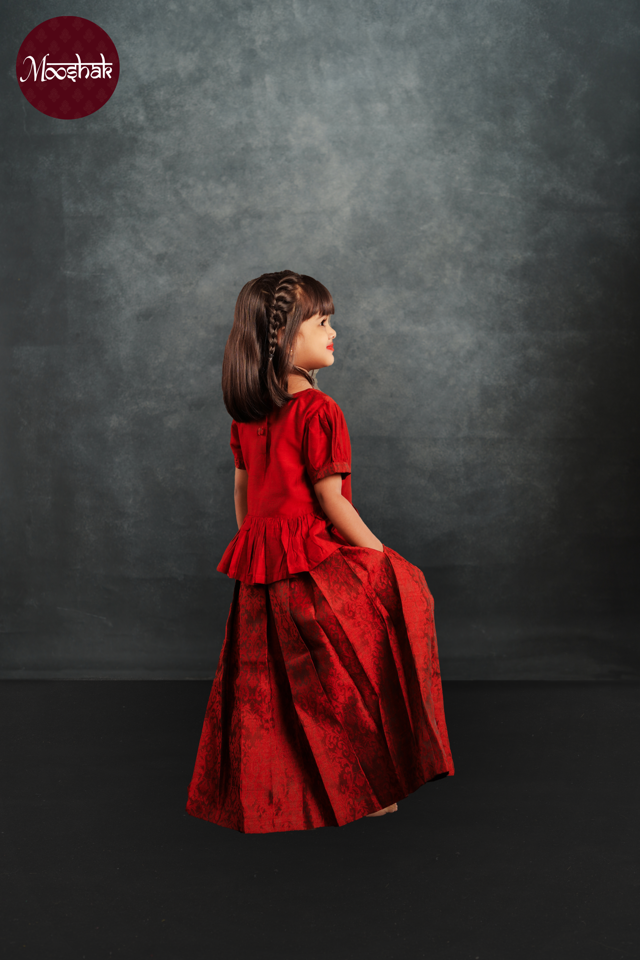 Laadli - Skirt and Top in Red with self motif