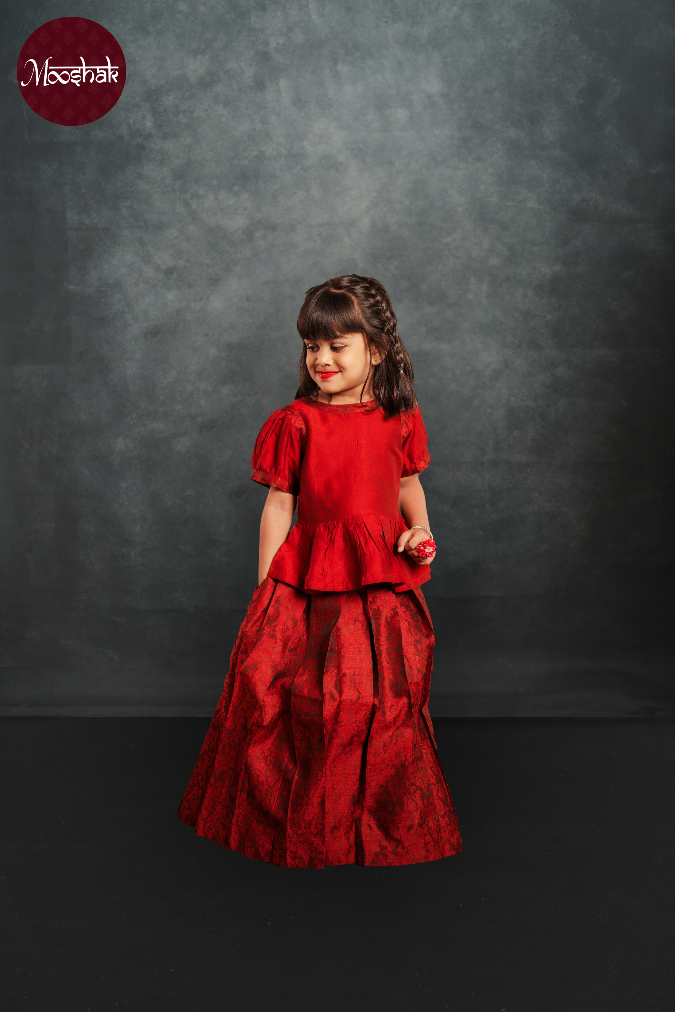 Laadli - Skirt and Top in Red with self motif