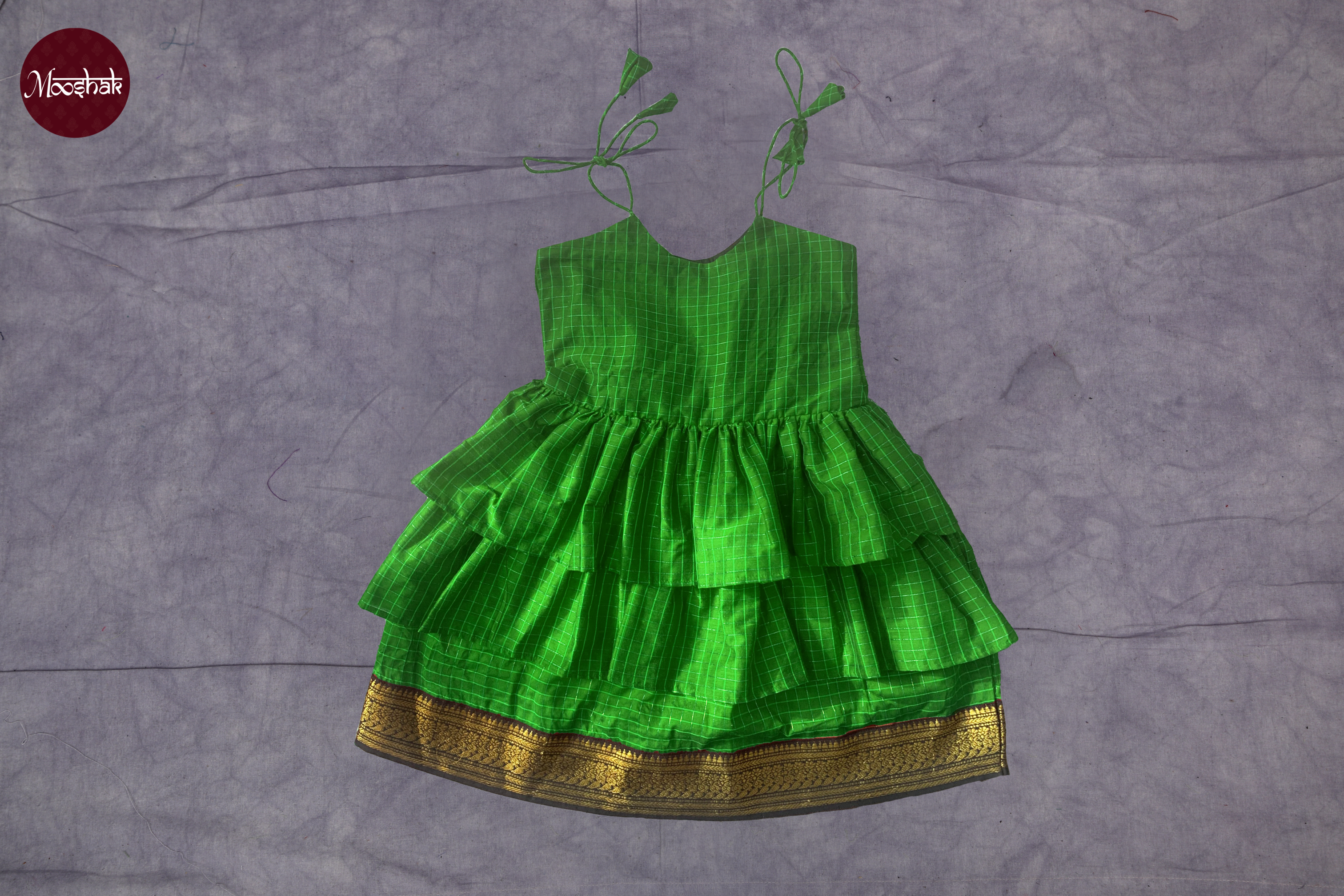 Little Miss Sunshine - Frock-Dress in Dark Green checks with Blue zari