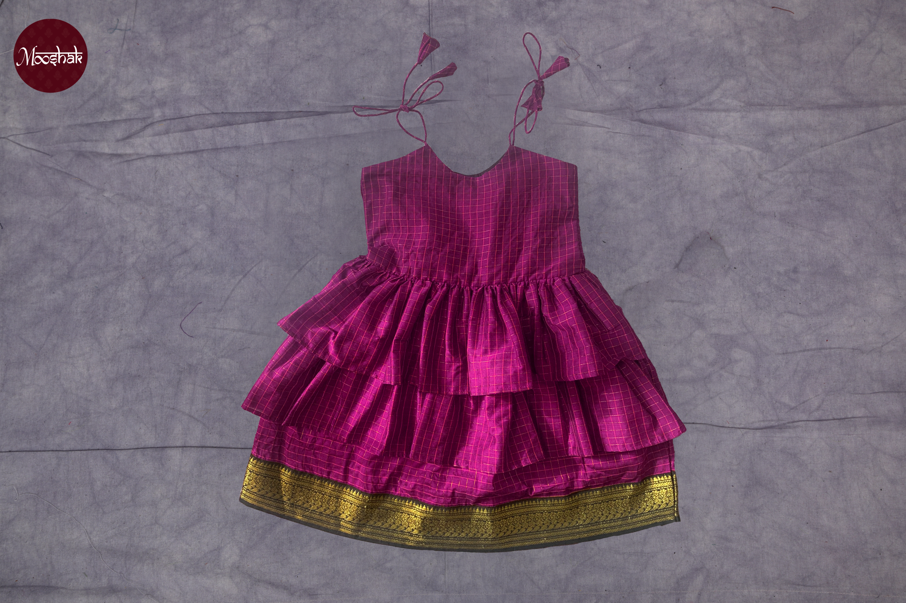 Little Miss Sunshine - Frock-Dress in Purple checks with green zari