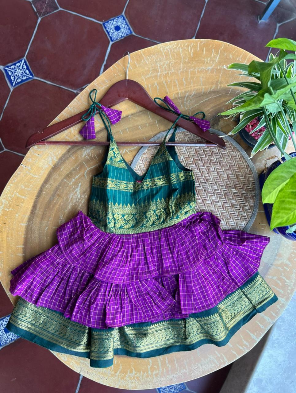 Little Miss Sunshine - Frock-Dress in Purple checks with green zari