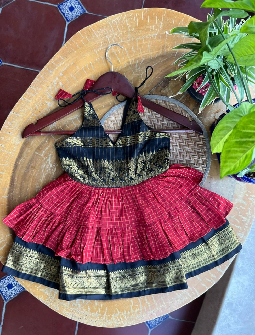 Little Miss Sunshine - Frock-Dress in Red checks with black zari