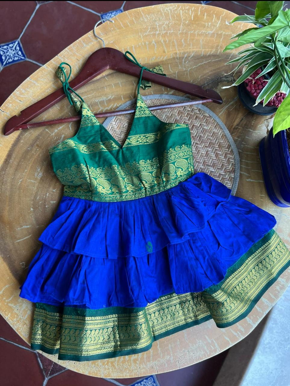 Frock-Dress in Blue with green zari