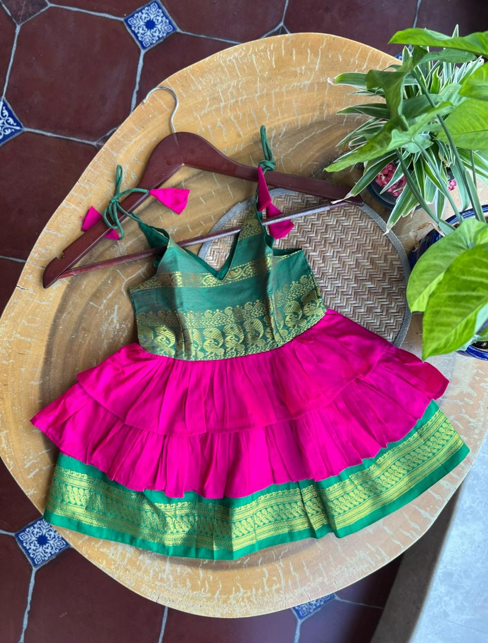 Little Miss Sunshine - Frock-Dress in Pink with green zari