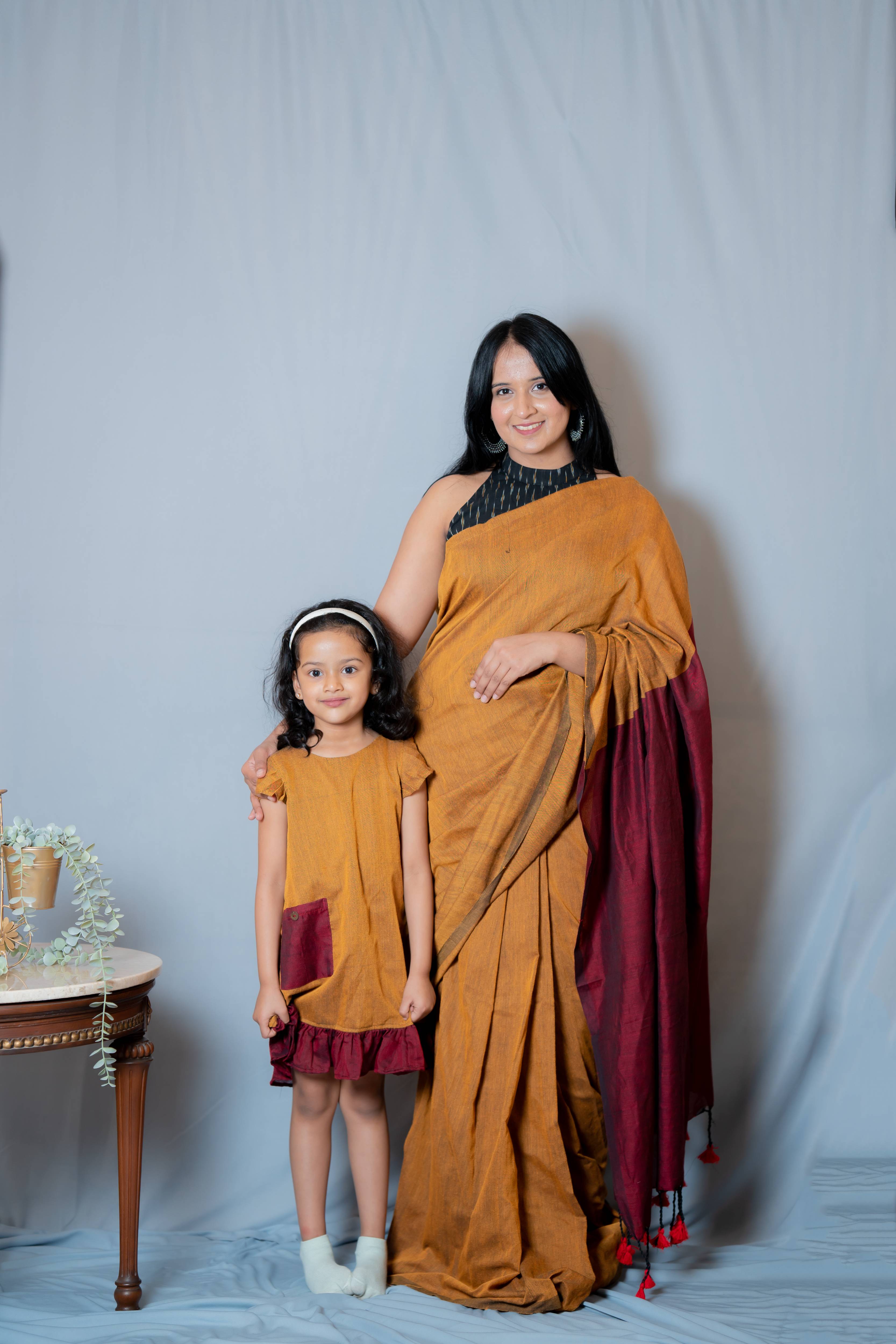 Ritu - Frill-frock in Mustard with red in Khadi fabric