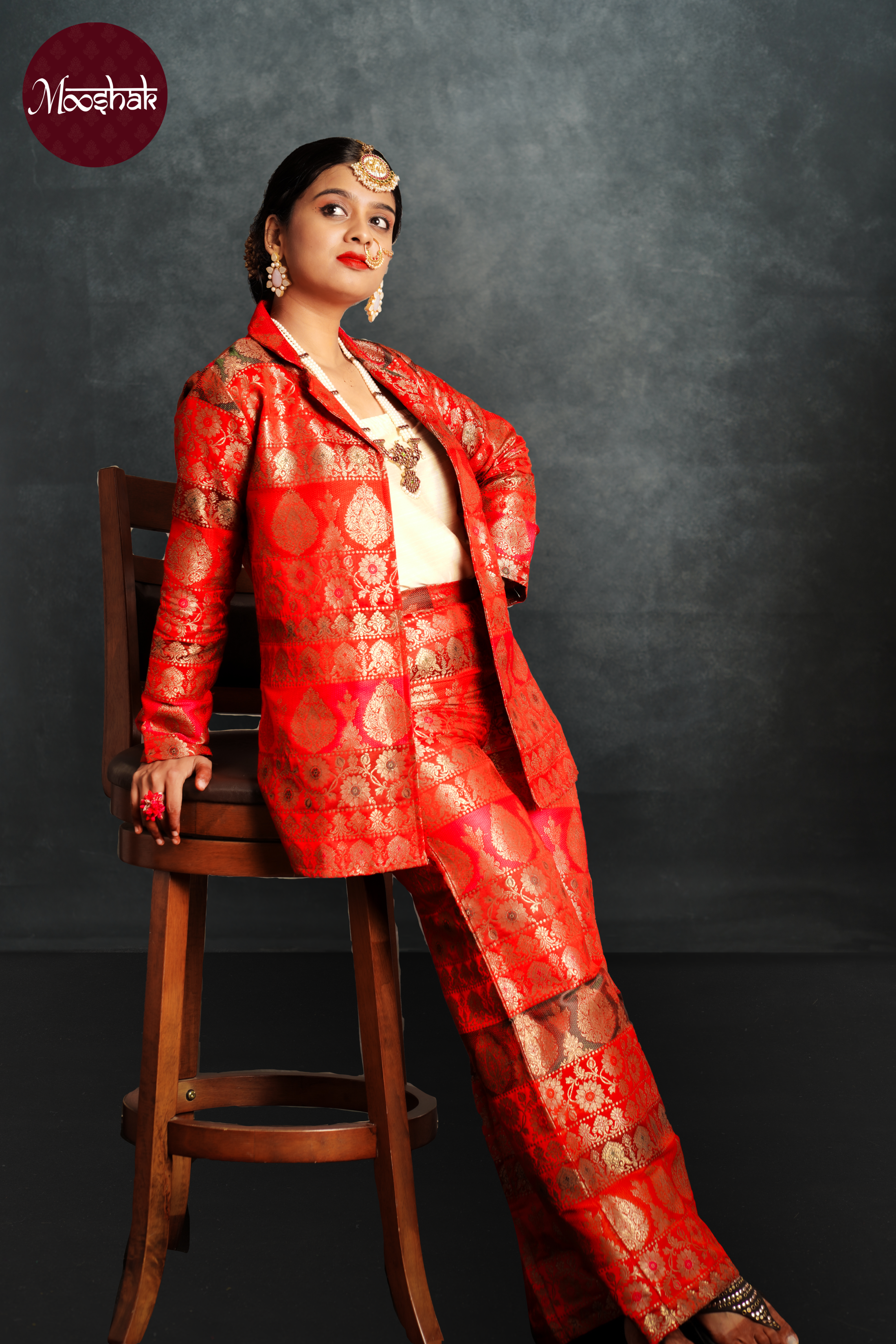 Maya - Blazer Set in Multicolor red brocade with offwhite