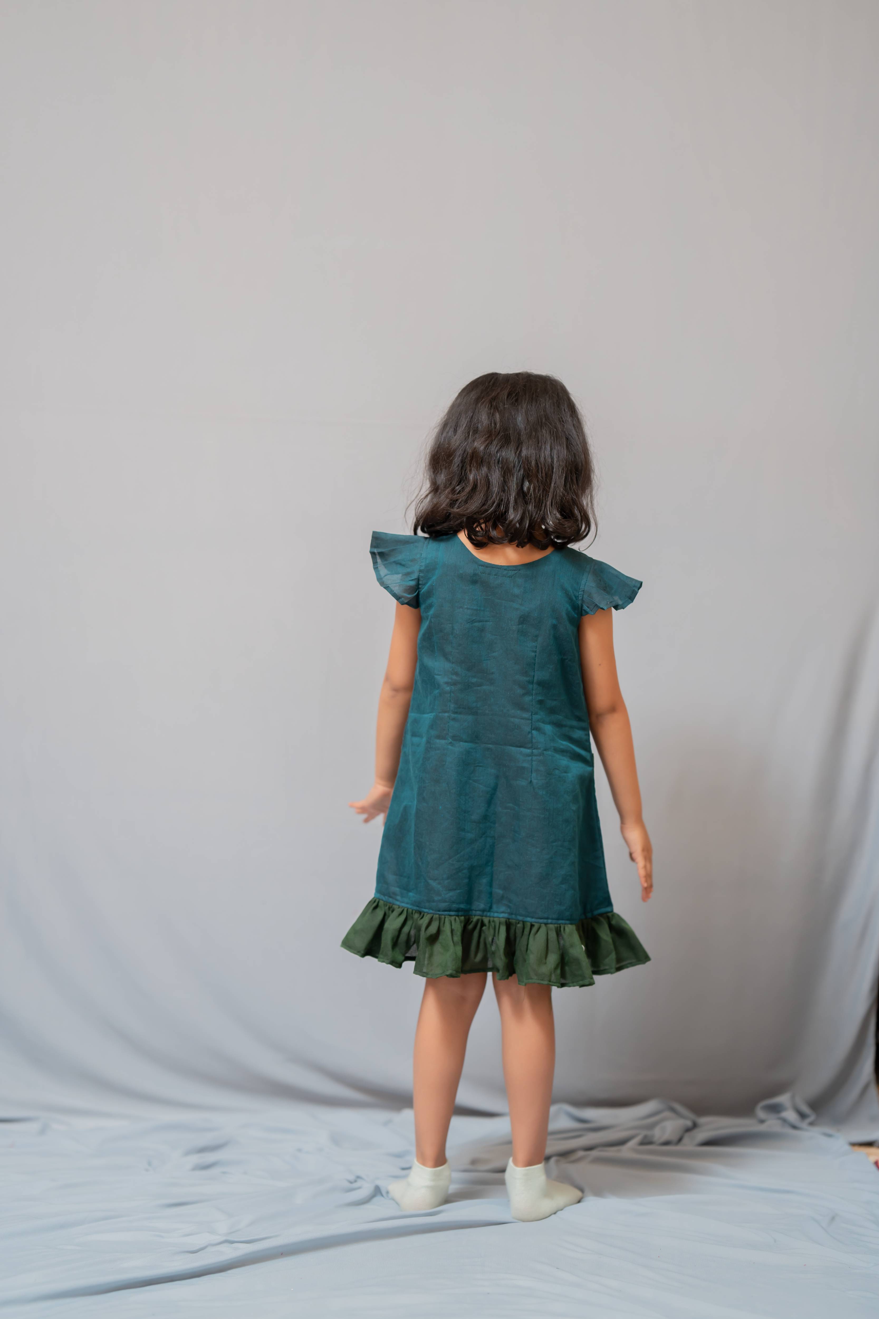 Ritu - Frill-frock in Teal with green in Khadi fabric