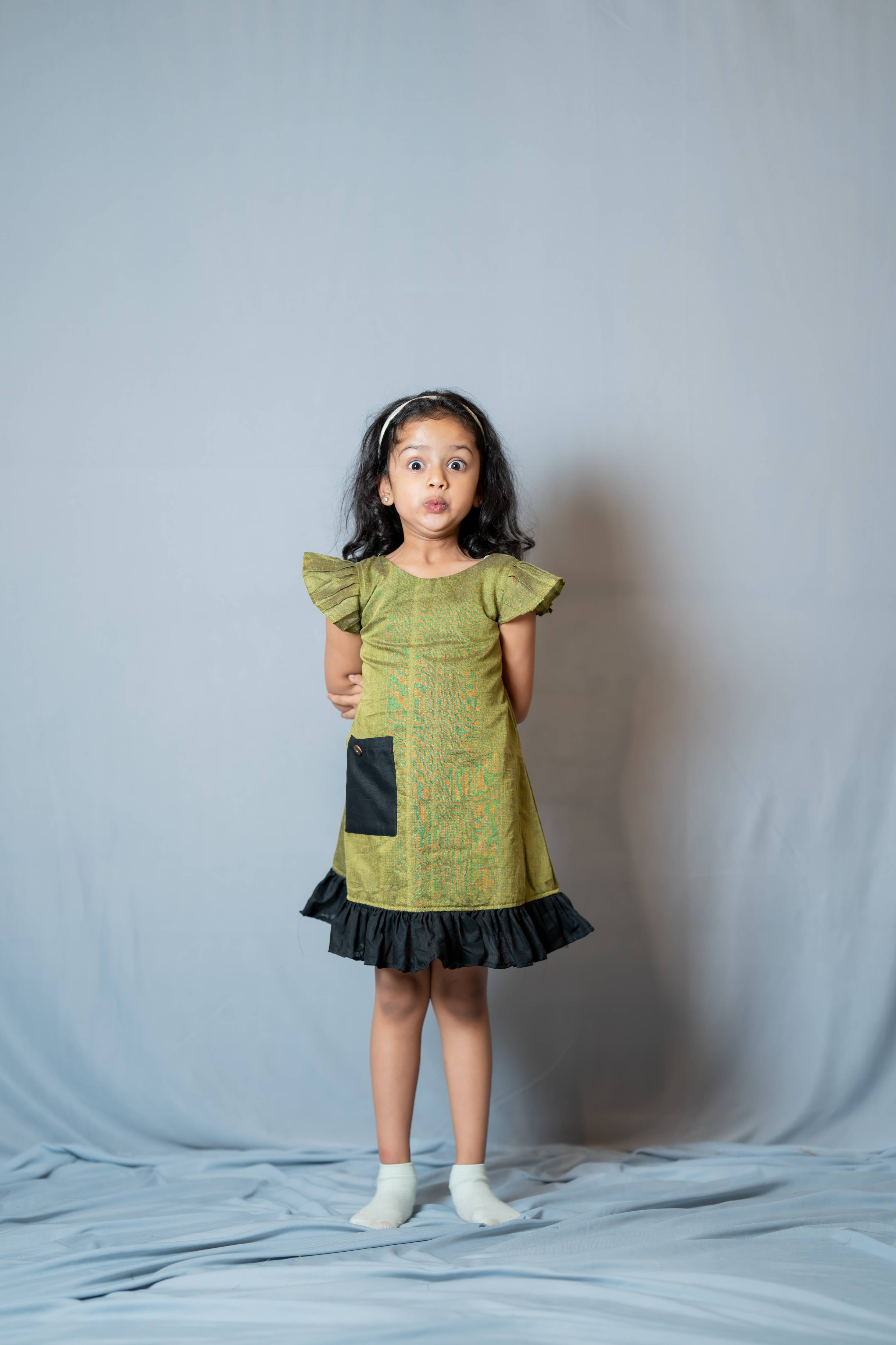 Ritu - Frill-frock in Mehndi-green with black in Khadi fabric