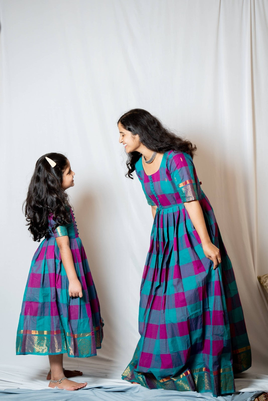 Kattam - Anarkali dress in chettinad cotton in Teal and Pink checks