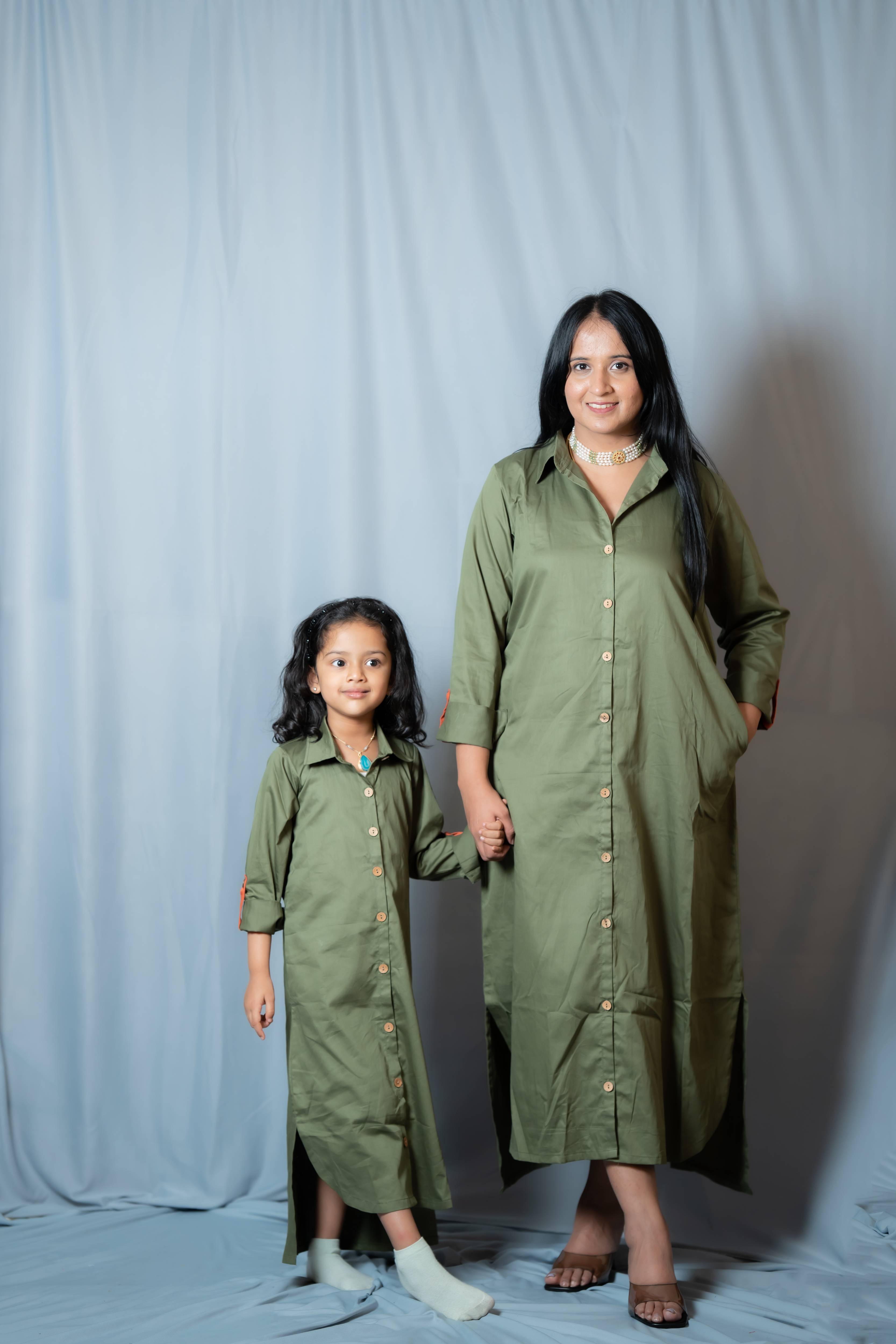 Autumn - Roll-up sleeve collared shirt dress in Olive pure cotton