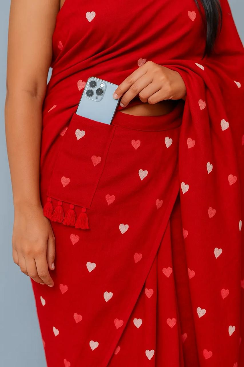 Aanchal - 1 minute Ready-to-wear saree in Red heart in Mul cotton