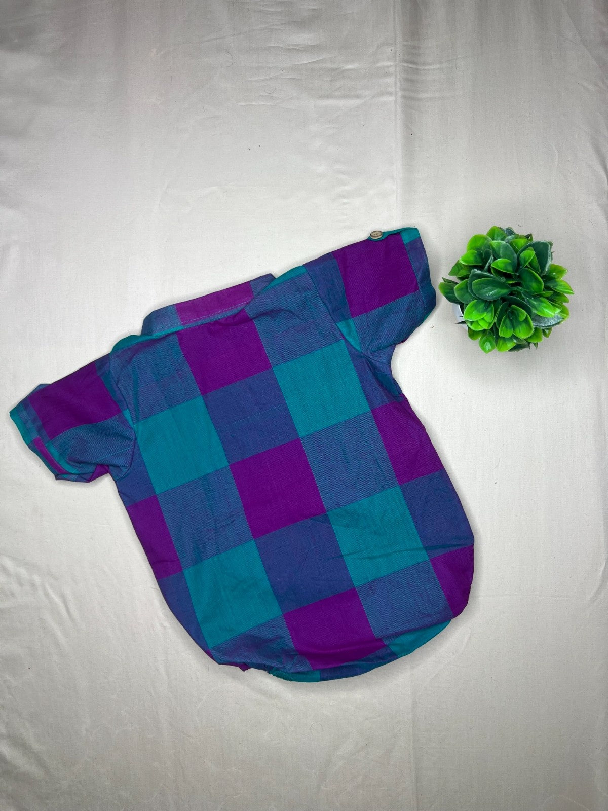 Kattam - Angel Whisper- Onesie Rompers with velcro veshti in teal with pink chettinad checks cotton