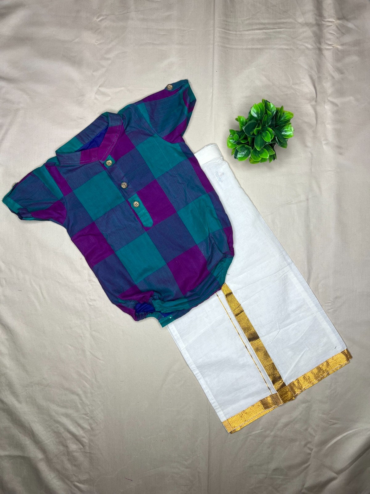 Kattam - Angel Whisper- Onesie Rompers with velcro veshti in teal with pink chettinad checks cotton