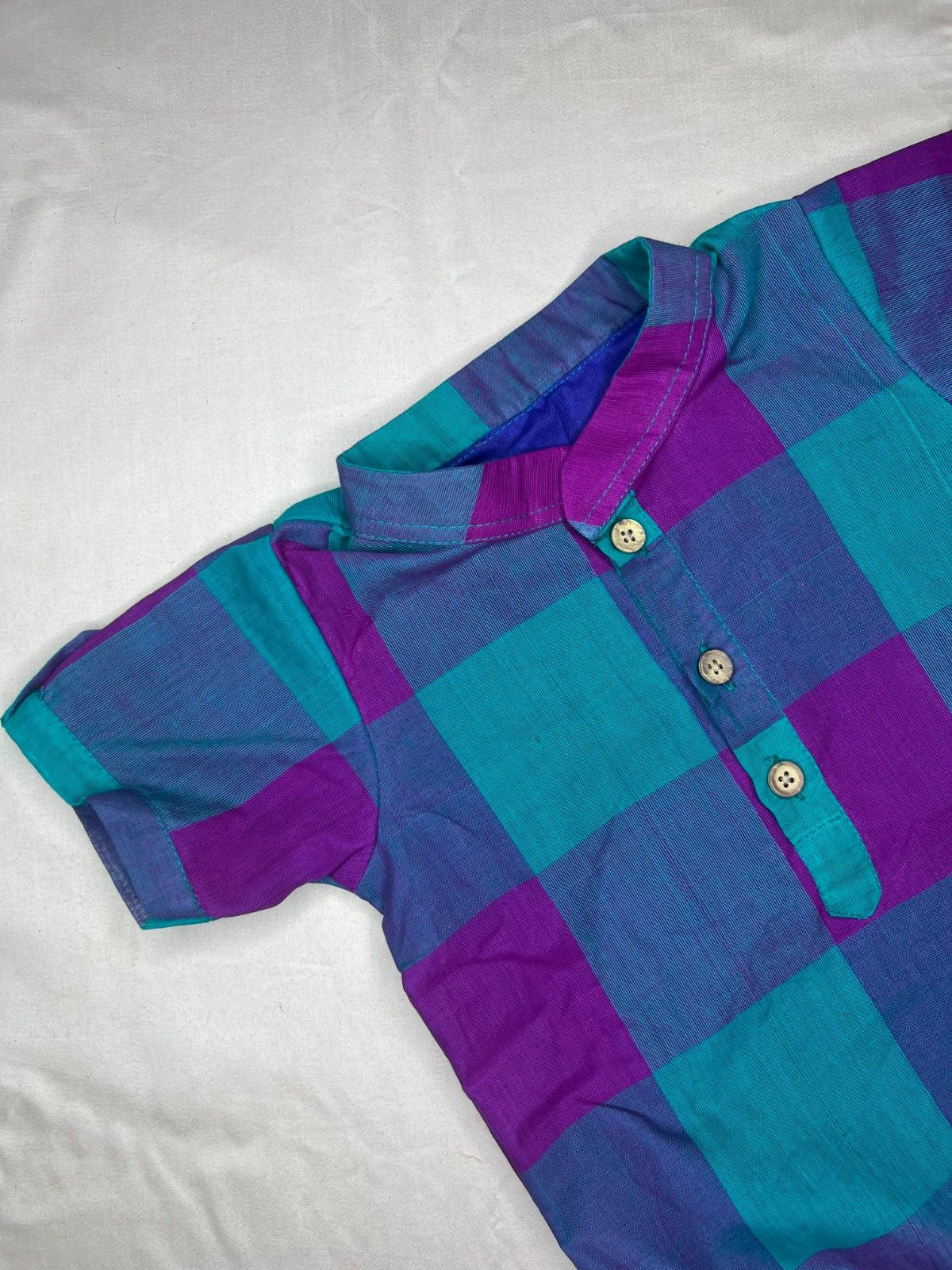 Kattam - Angel Whisper- Onesie Rompers with velcro veshti in teal with pink chettinad checks cotton