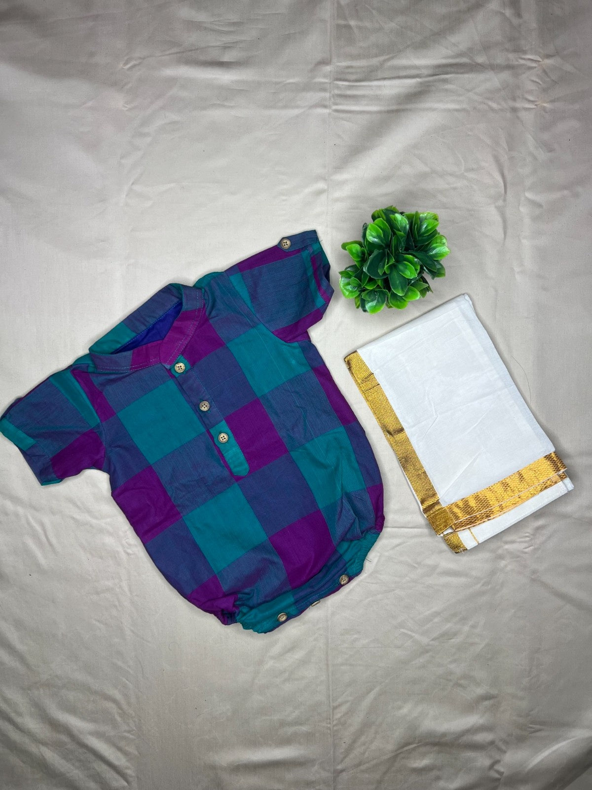 Kattam - Angel Whisper- Onesie Rompers with velcro veshti in teal with pink chettinad checks cotton