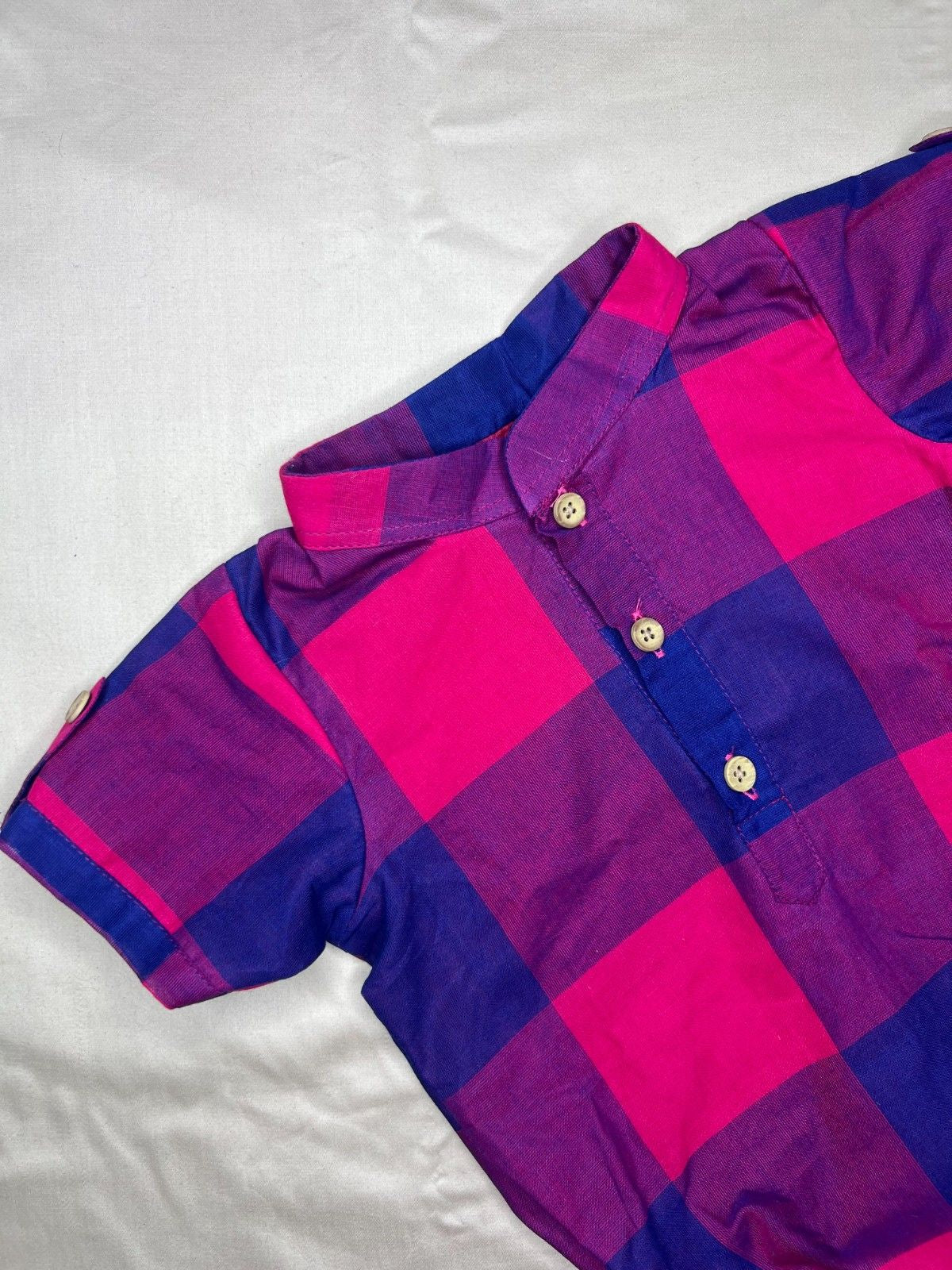 Kattam - Angel Whisper- Onesie Rompers with velcro veshti in pink with blue chettinad checks cotton