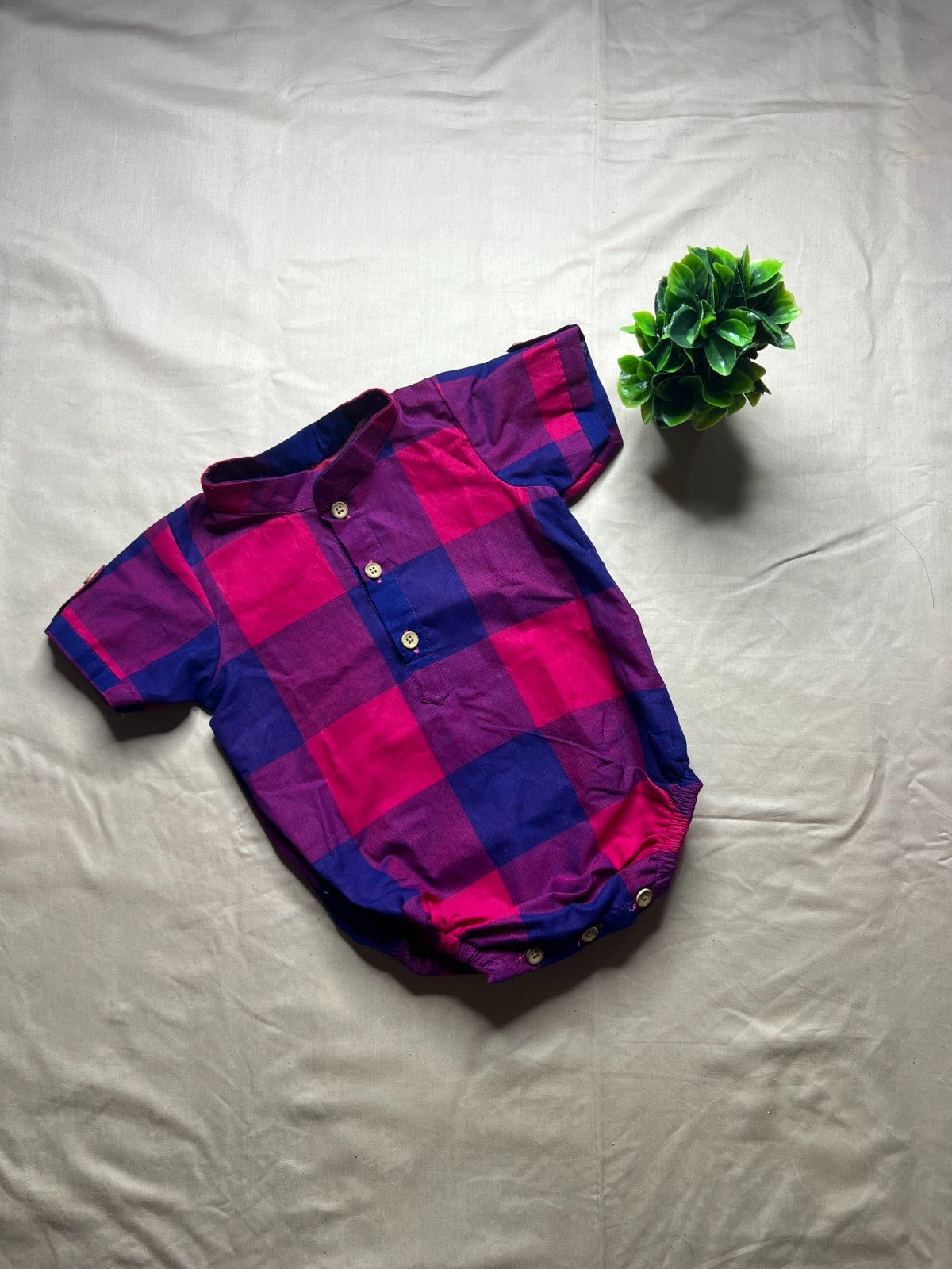 Kattam - Angel Whisper- Onesie Rompers with velcro veshti in pink with blue chettinad checks cotton