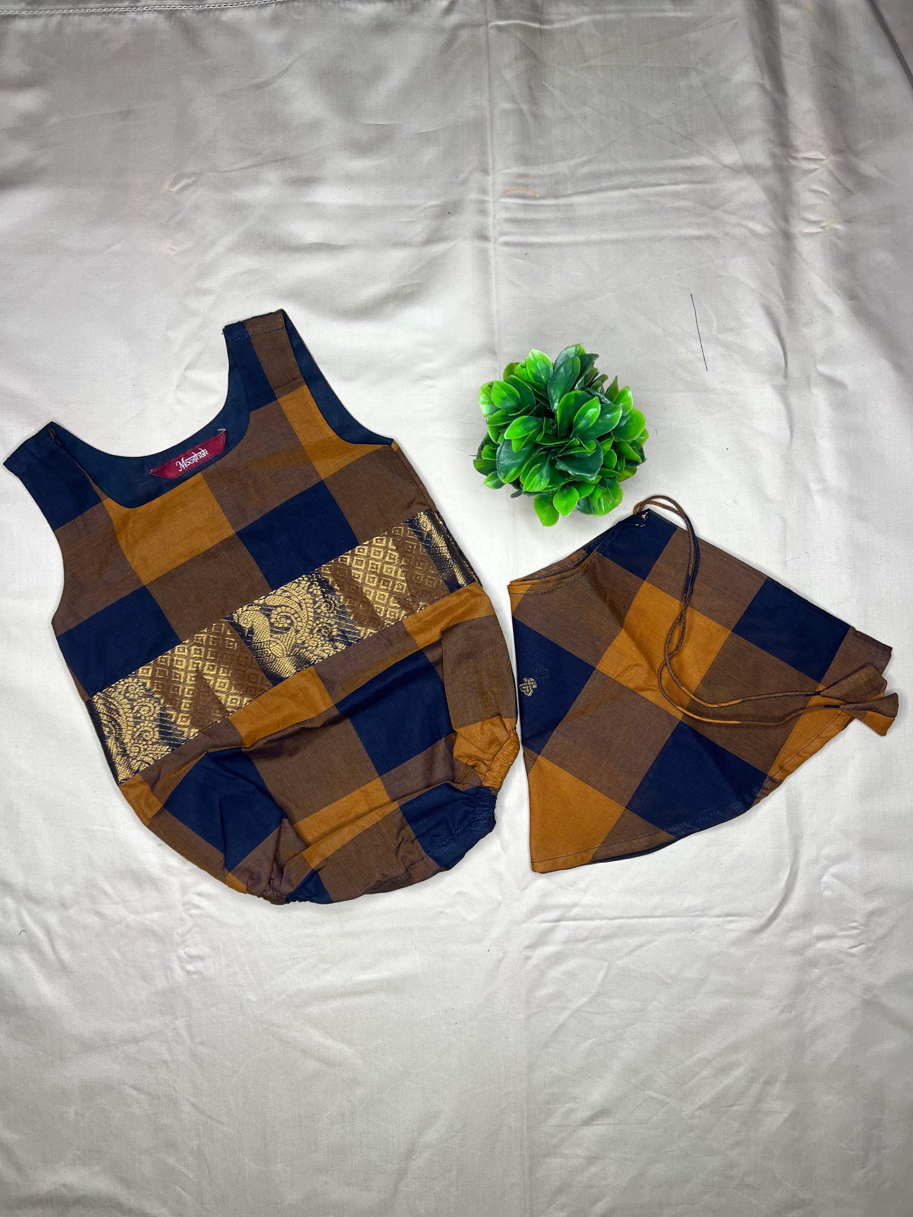 Kattam - Angel Whisper- Onesie Rompers with skirt in Brown with mustard chettinad checks cotton