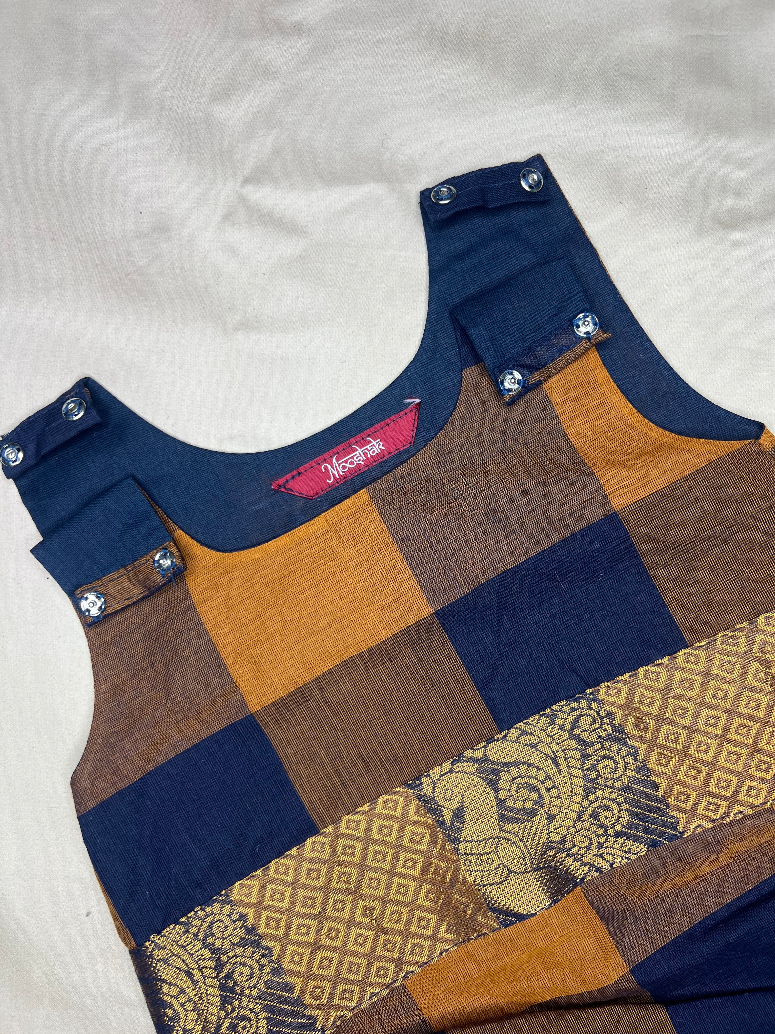 Kattam - Angel Whisper- Onesie Rompers with skirt in Brown with mustard chettinad checks cotton