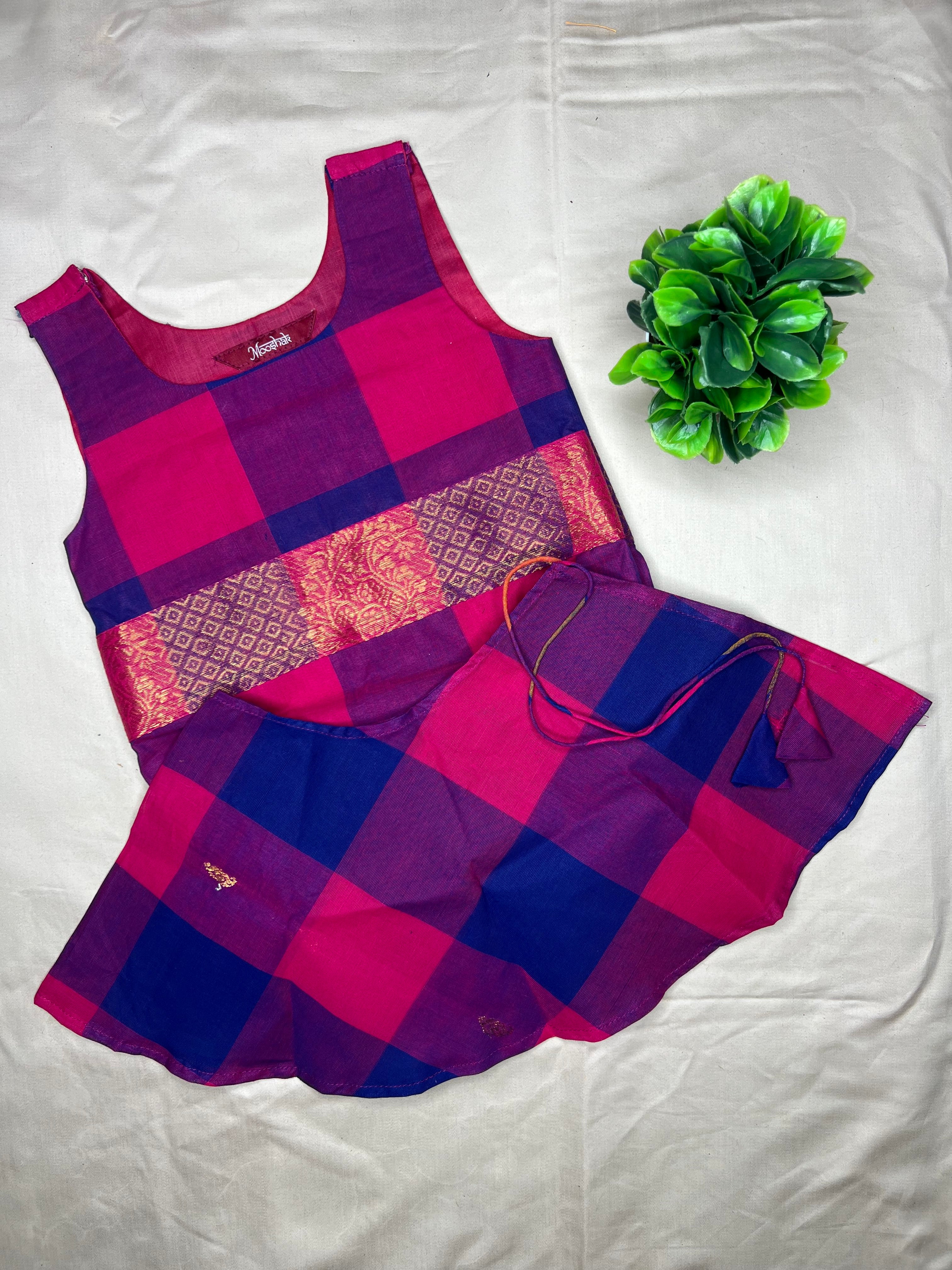 Kattam - Angel Whisper- Onesie Rompers with skirt in Pink with blue chettinad checks cotton