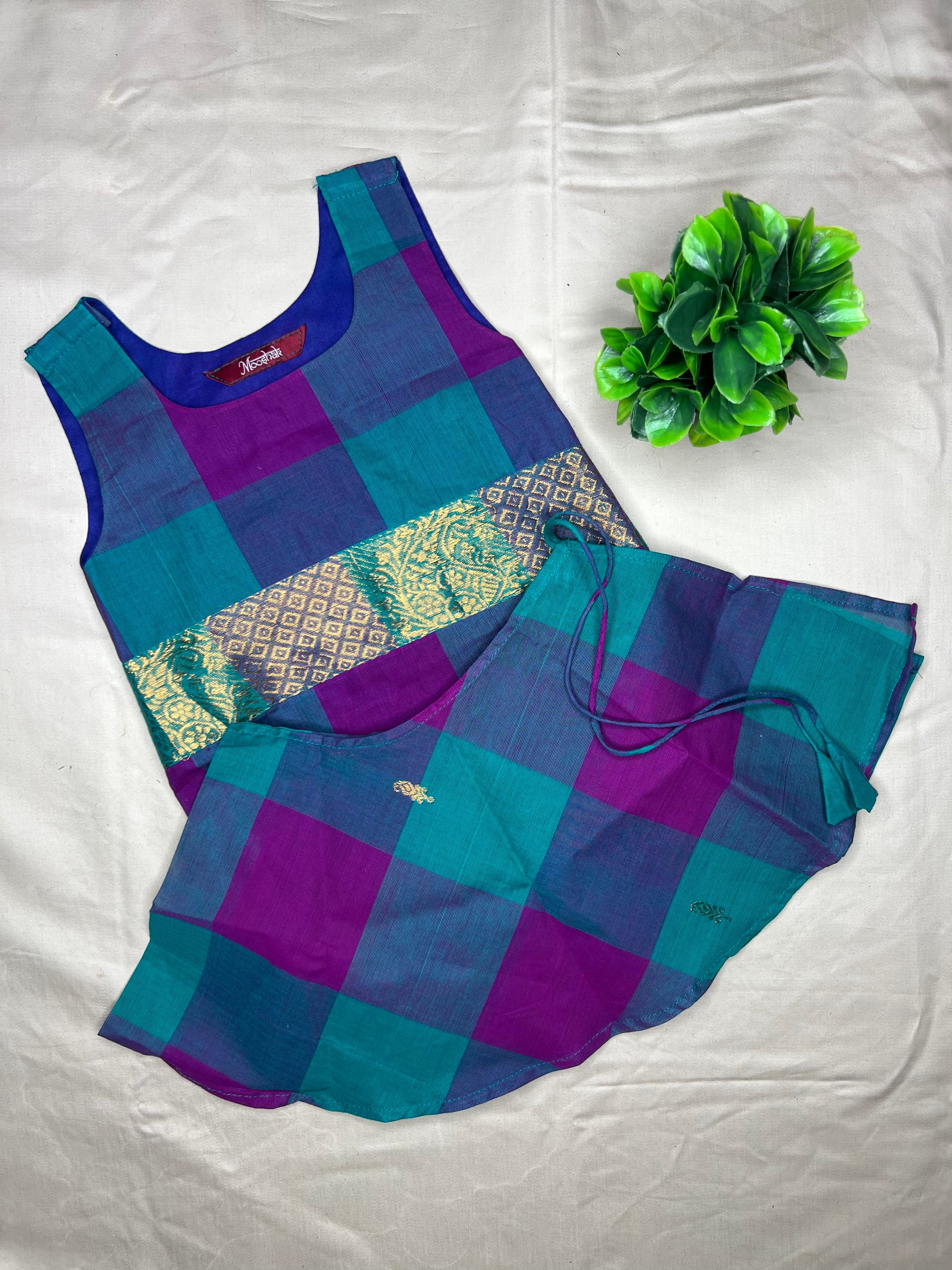 Kattam - Angel Whisper- Onesie Rompers with skirt in Teal with pink chettinad checks cotton