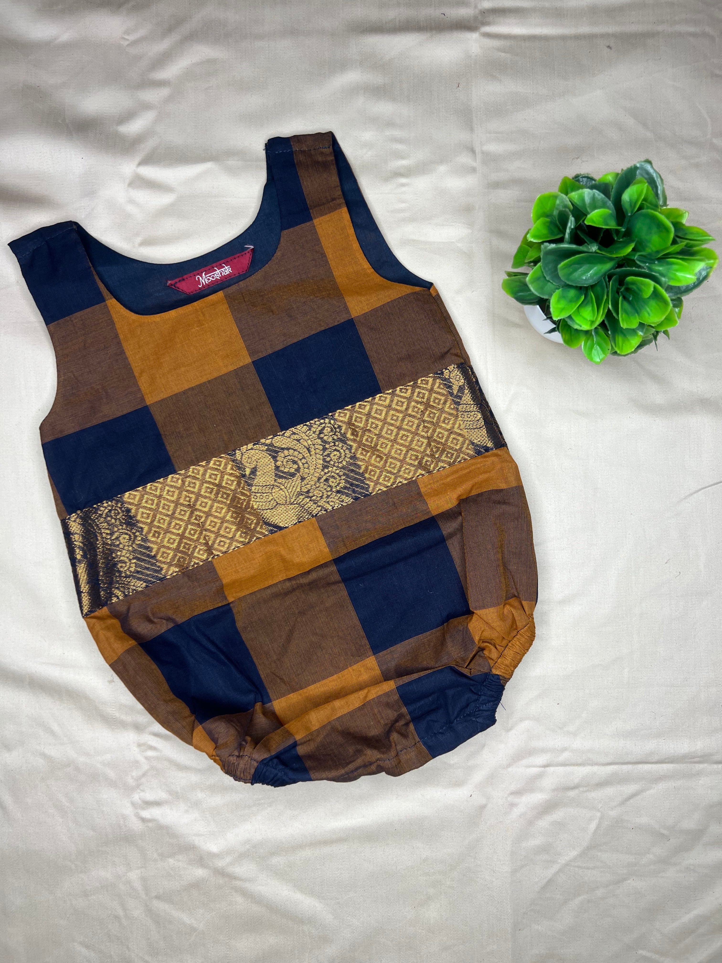 Kattam - Angel Whisper- Onesie Rompers with skirt in Brown with mustard chettinad checks cotton