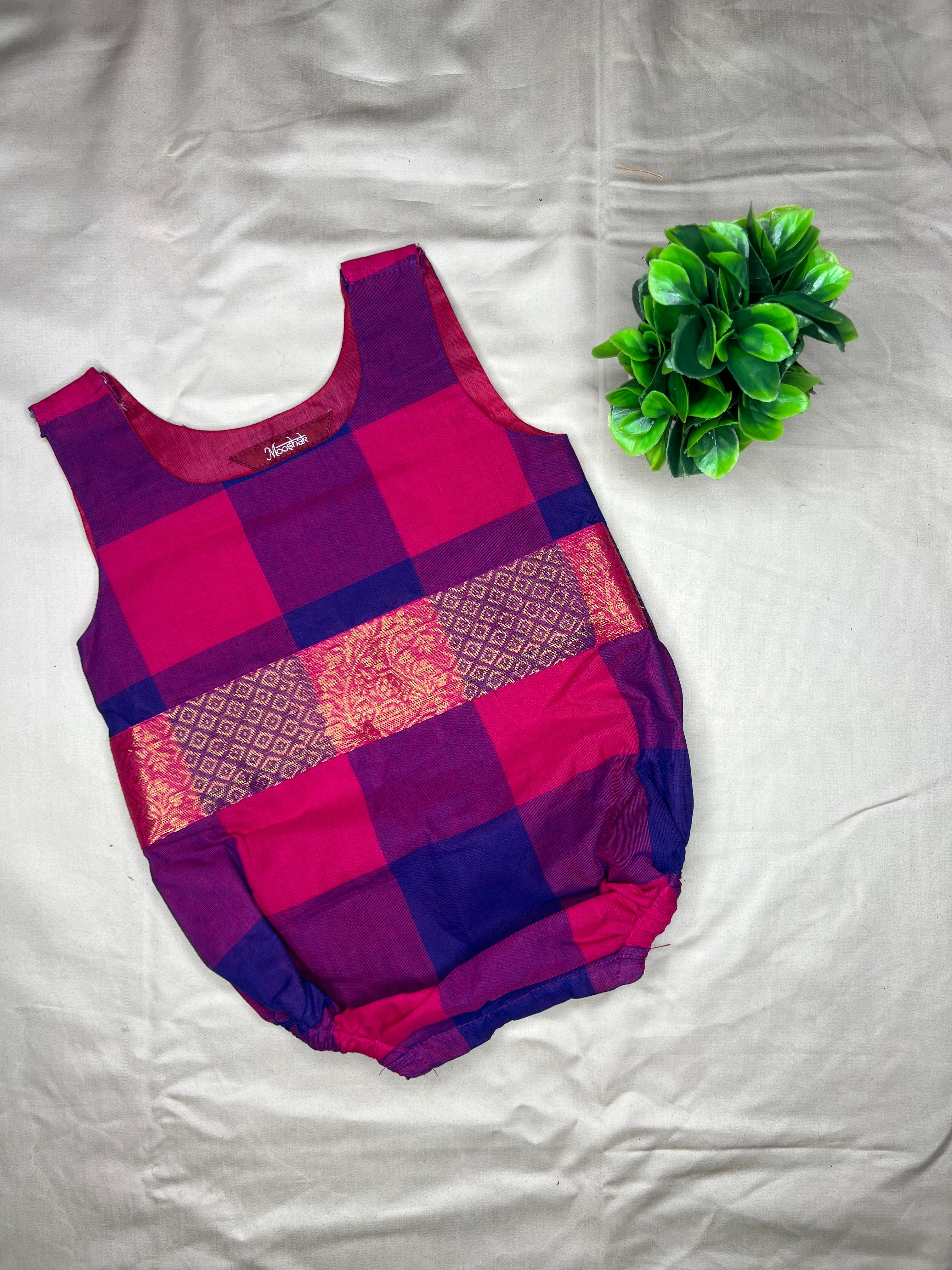 Kattam - Angel Whisper- Onesie Rompers with skirt in Pink with blue chettinad checks cotton