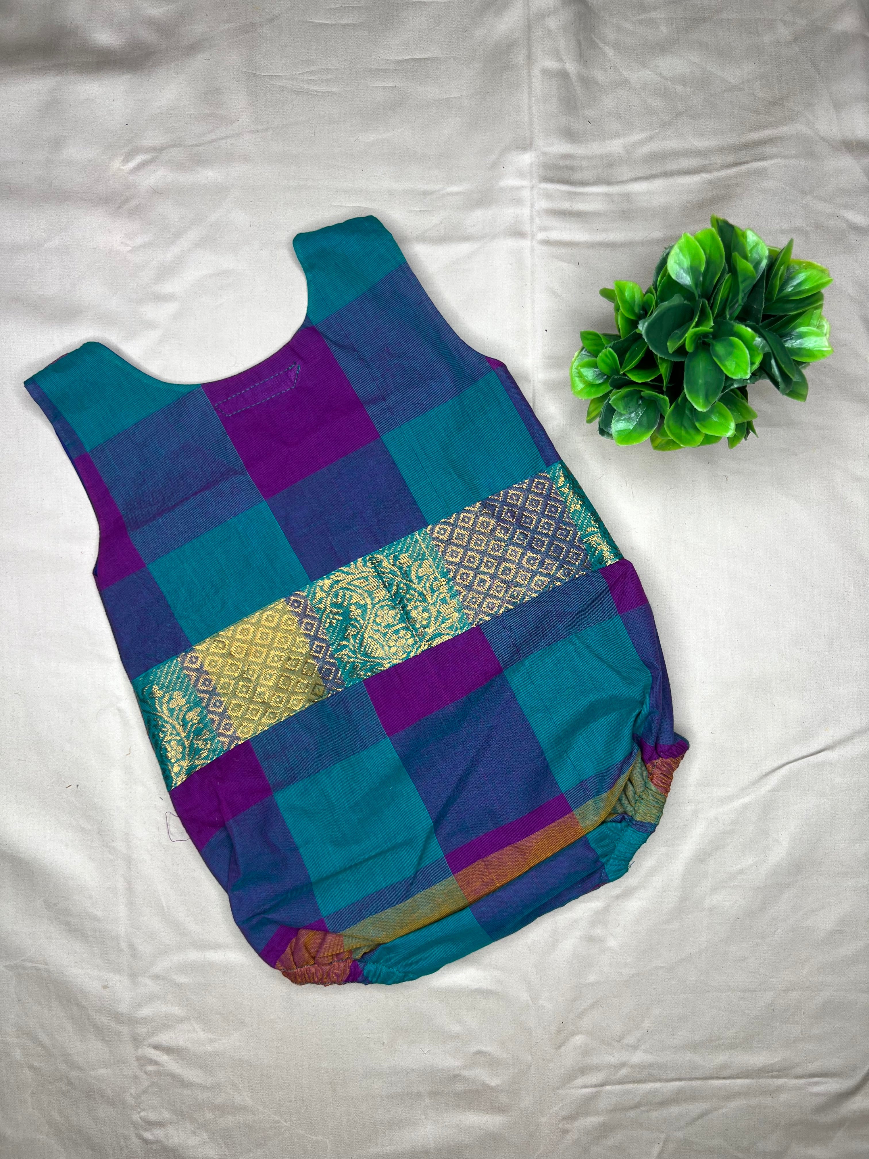 Kattam - Angel Whisper- Onesie Rompers with skirt in Teal with pink chettinad checks cotton