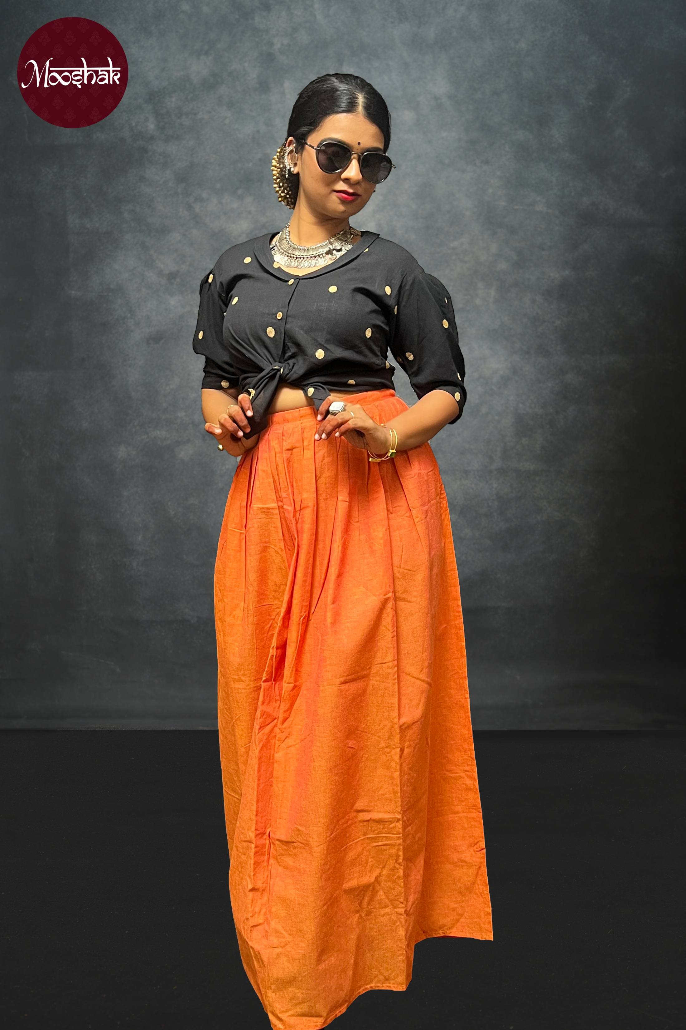 Nutan - Skirt and Top in Black and Orange south cotton