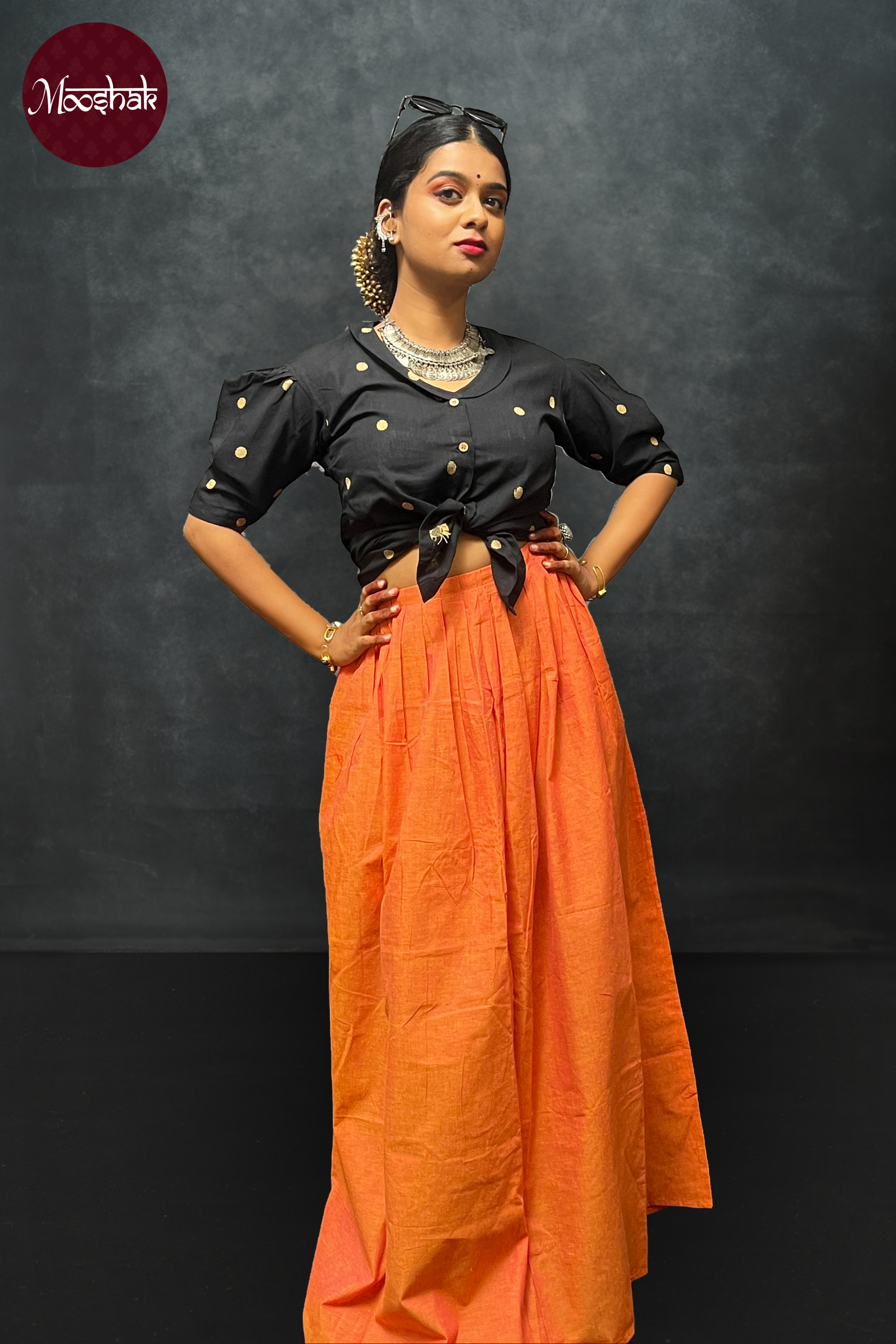 Nutan - Skirt and Top in Black and Orange south cotton