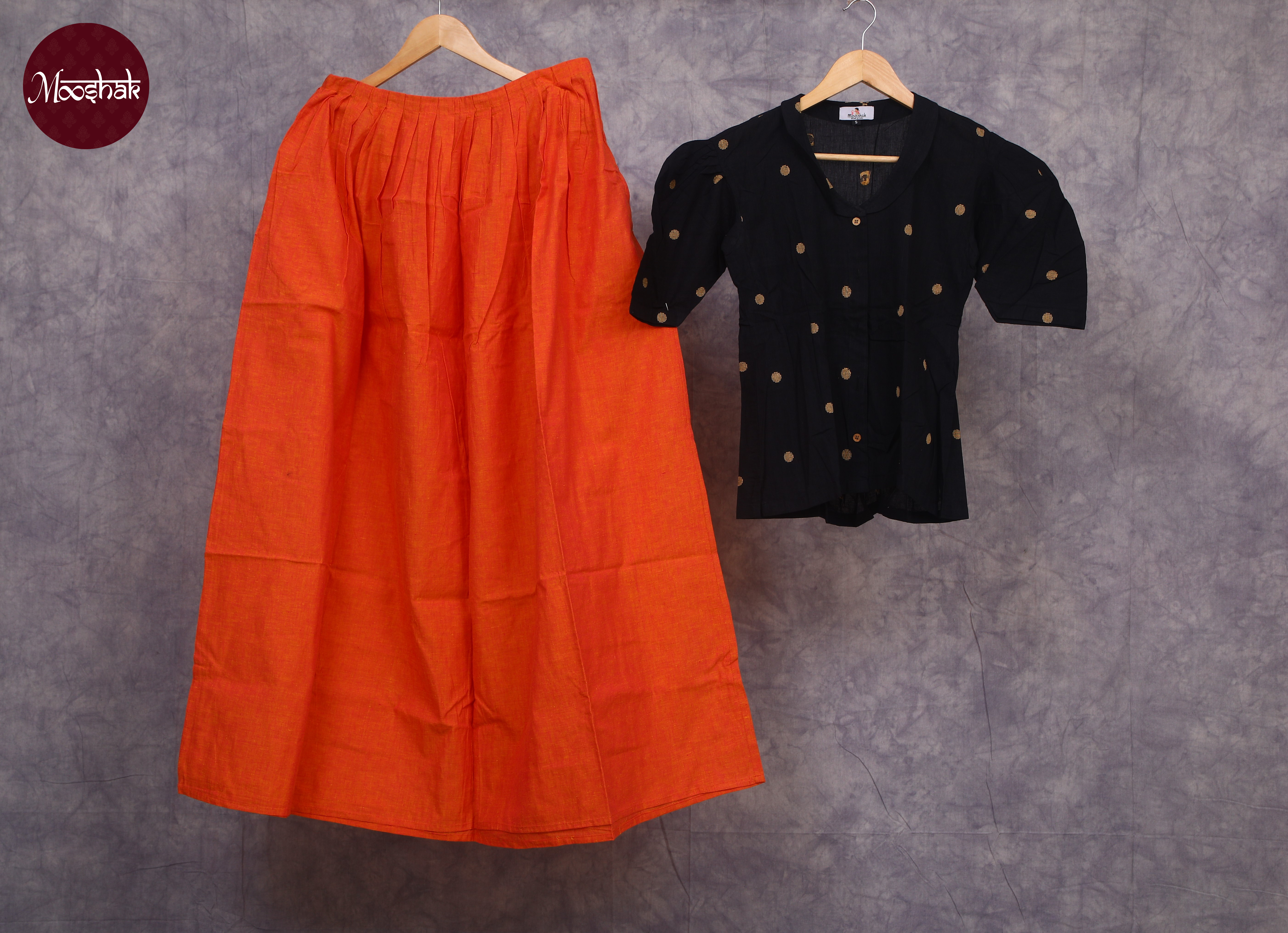 Nutan - Skirt and Top in Black and Orange south cotton