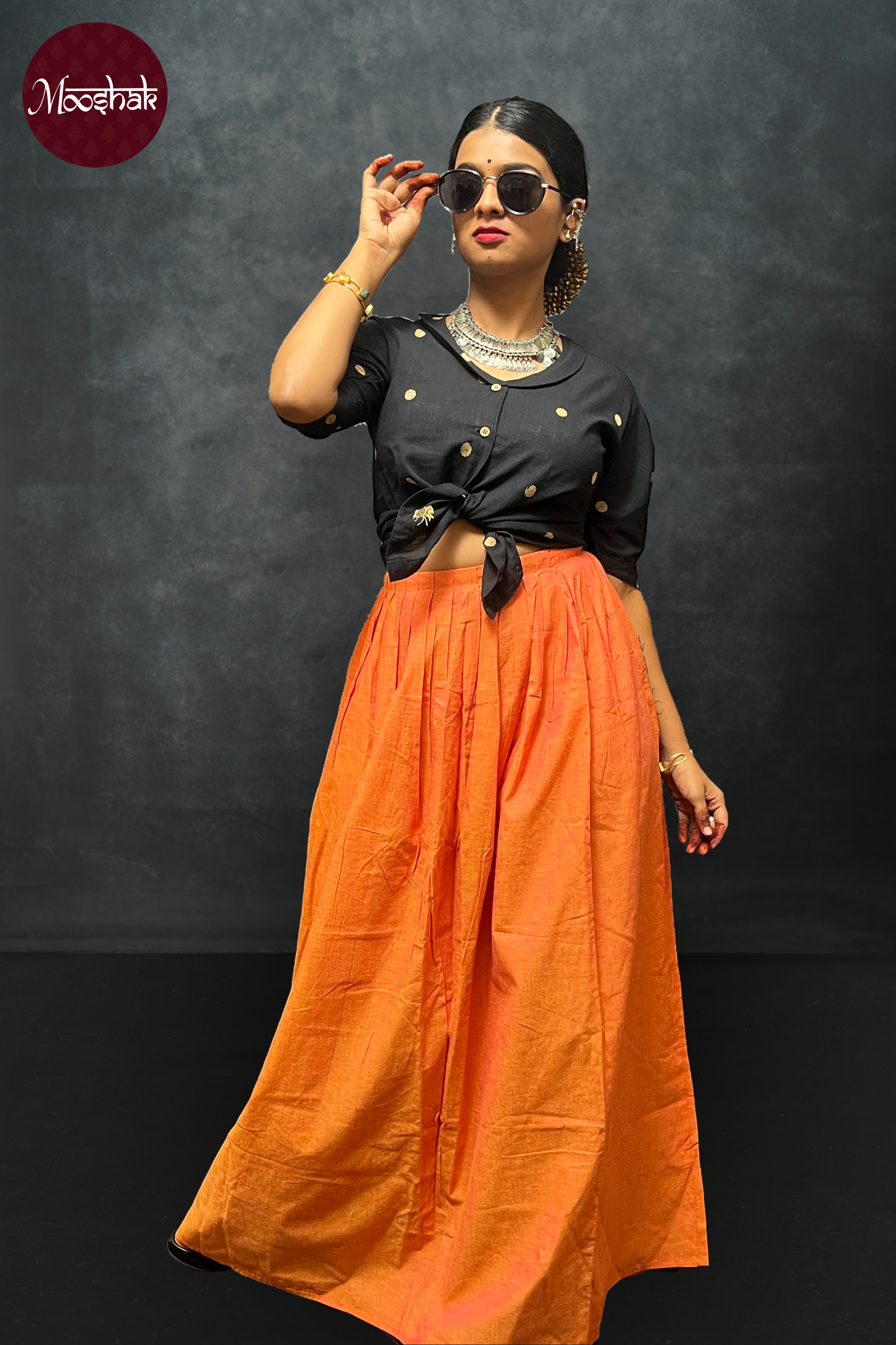 Nutan - Skirt and Top in Black and Orange south cotton