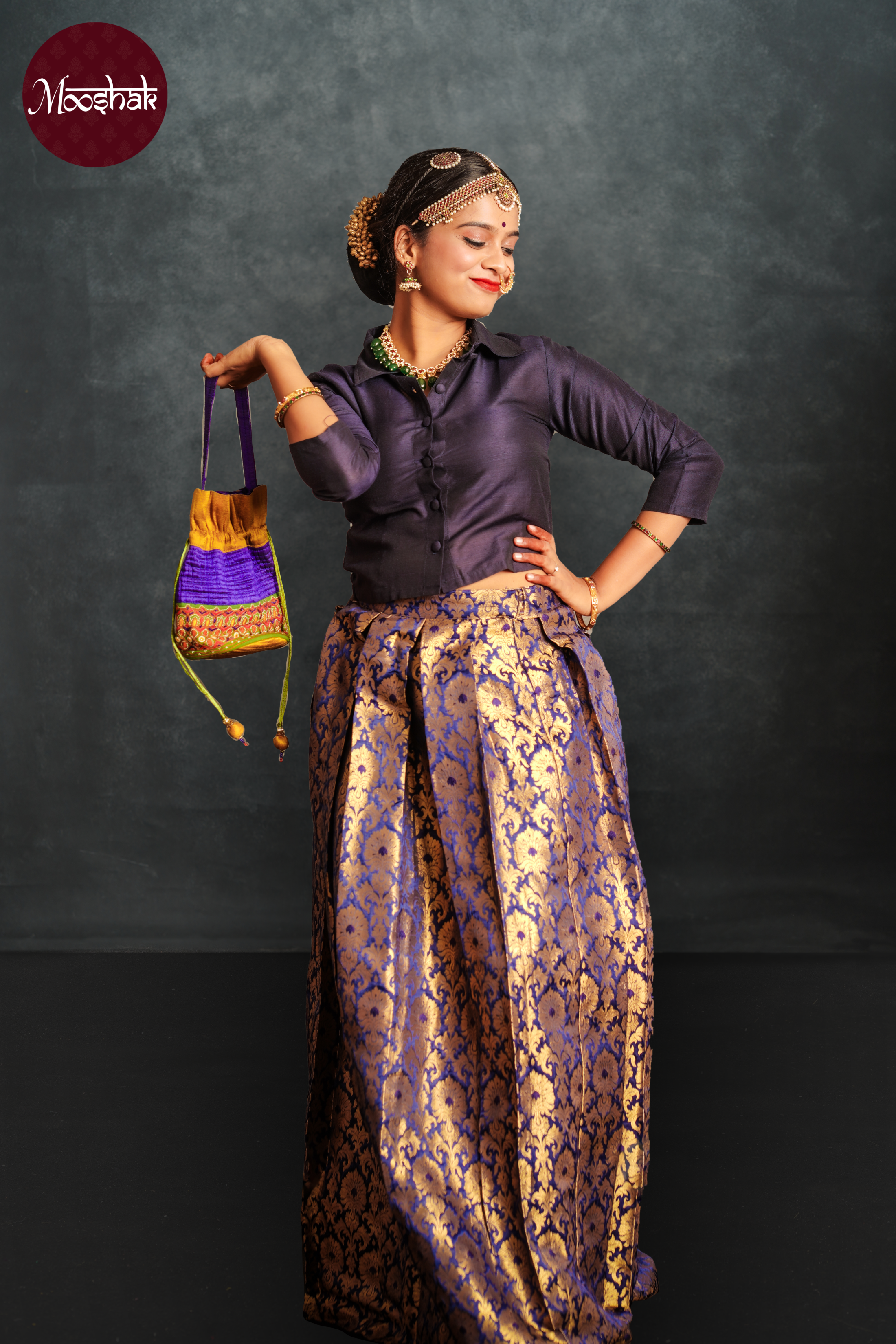 Nutan - Skirt and Top in Royal Blue brocade with gold zari work