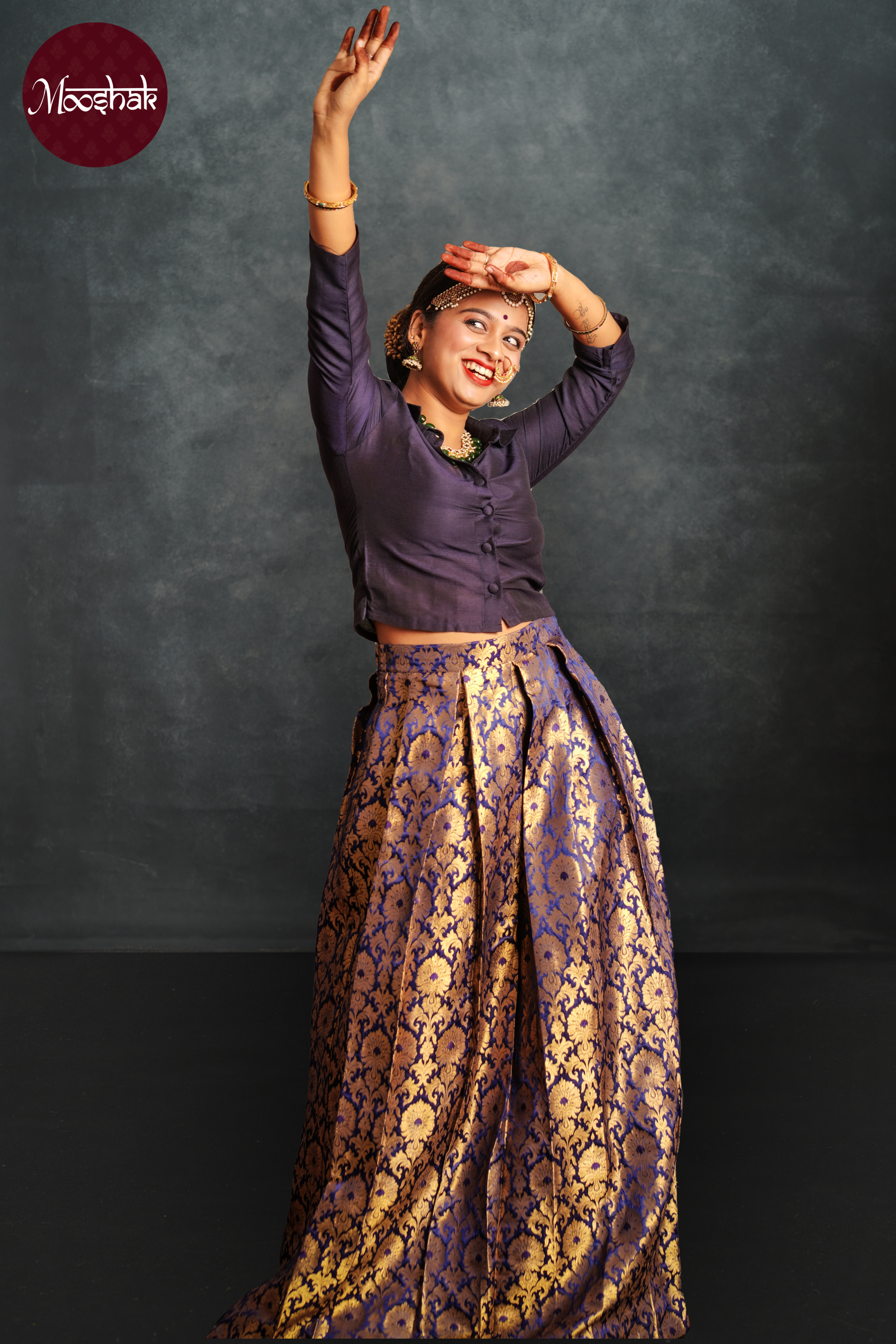 Nutan - Skirt and Top in Royal Blue brocade with gold zari work