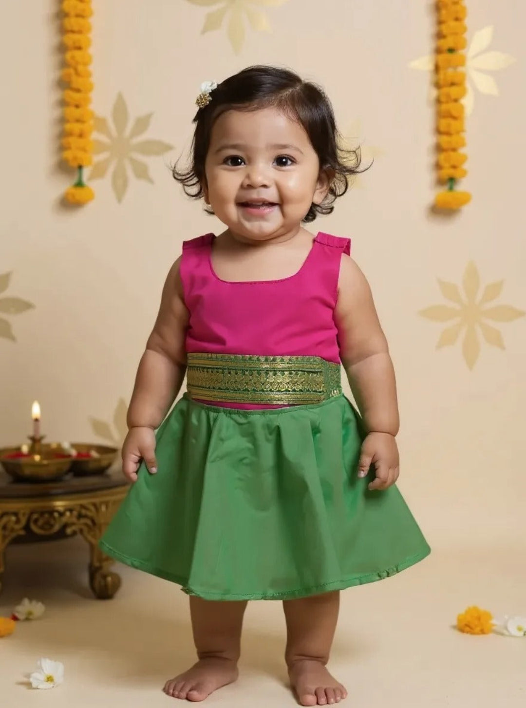 Angel Whisper - Onesie Rompers in Pink Kalyani Pattu with Green zari border