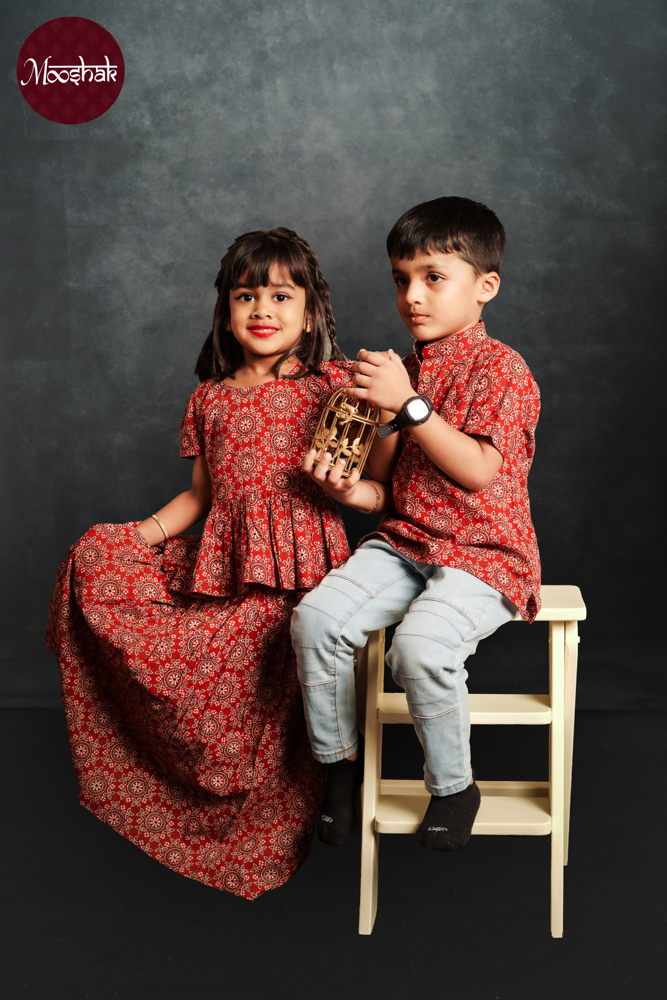 Laadli - Skirt and Top in Red Circle Ajrakh