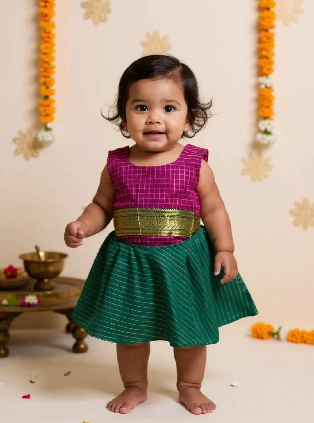 Angel Whisper - Onesie Rompers in Purple checks Kalyani Pattu with green zari border
