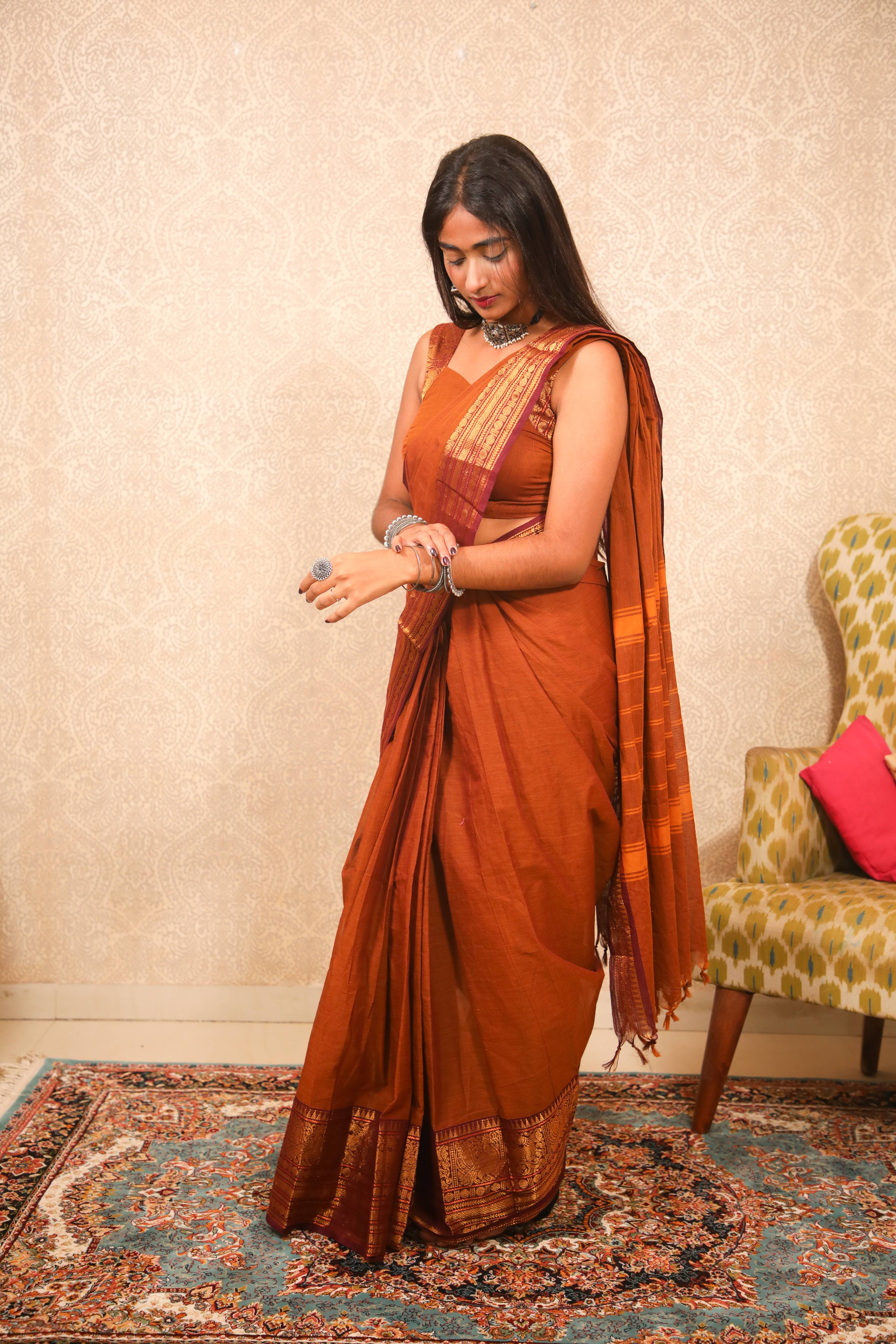 Varnam - 1 minute Ready-to-wear saree in Brown color in Kanchi Cotton