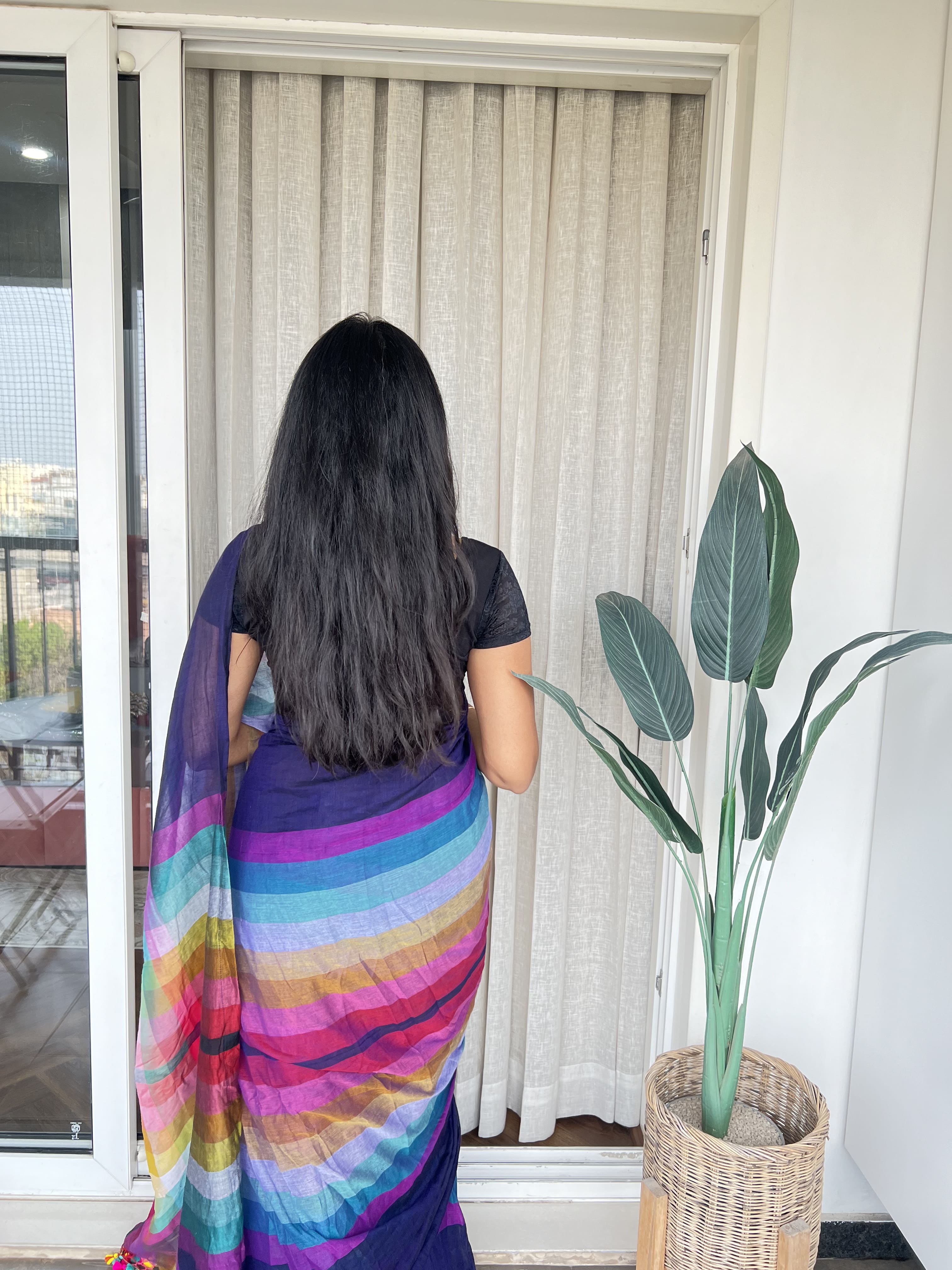 Aanchal - Saree (Unstitched) in Blue with multicolor in Mul cotton fabric