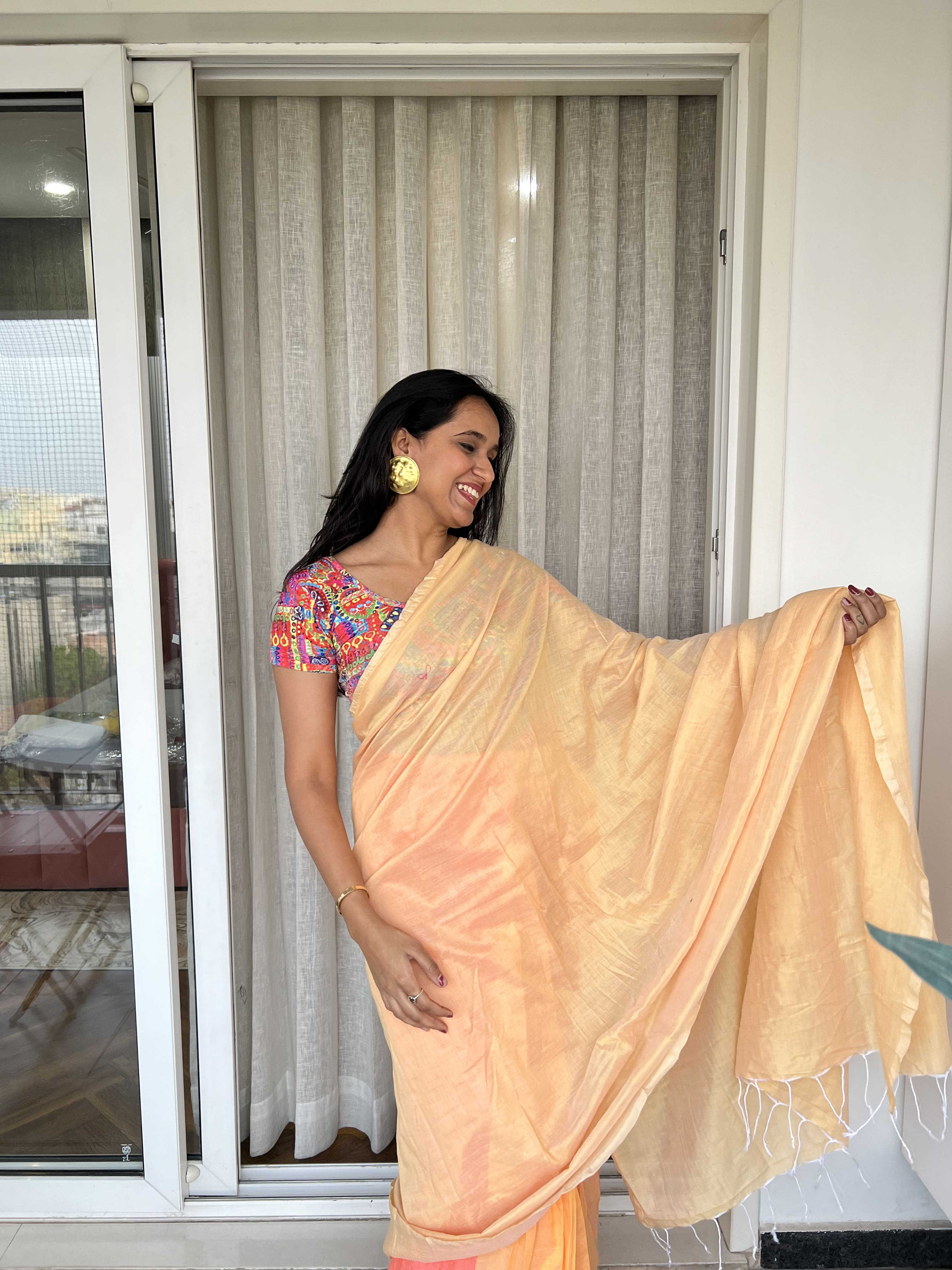 Aanchal - 1 minute Ready-to-wear saree in Peach in Khadi fabric