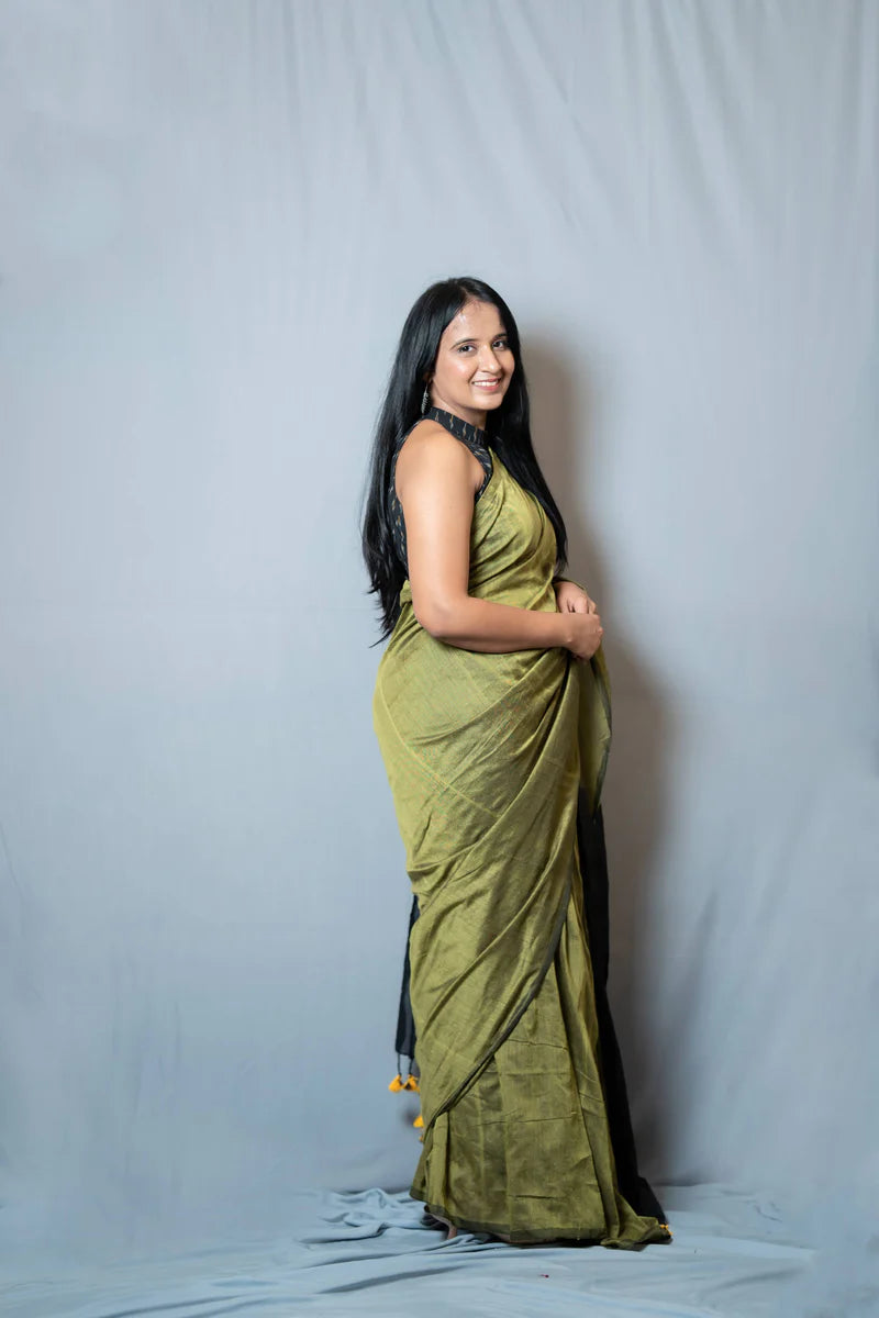 Aanchal - Saree (Unstitched) in Green with Black Khadi fabric