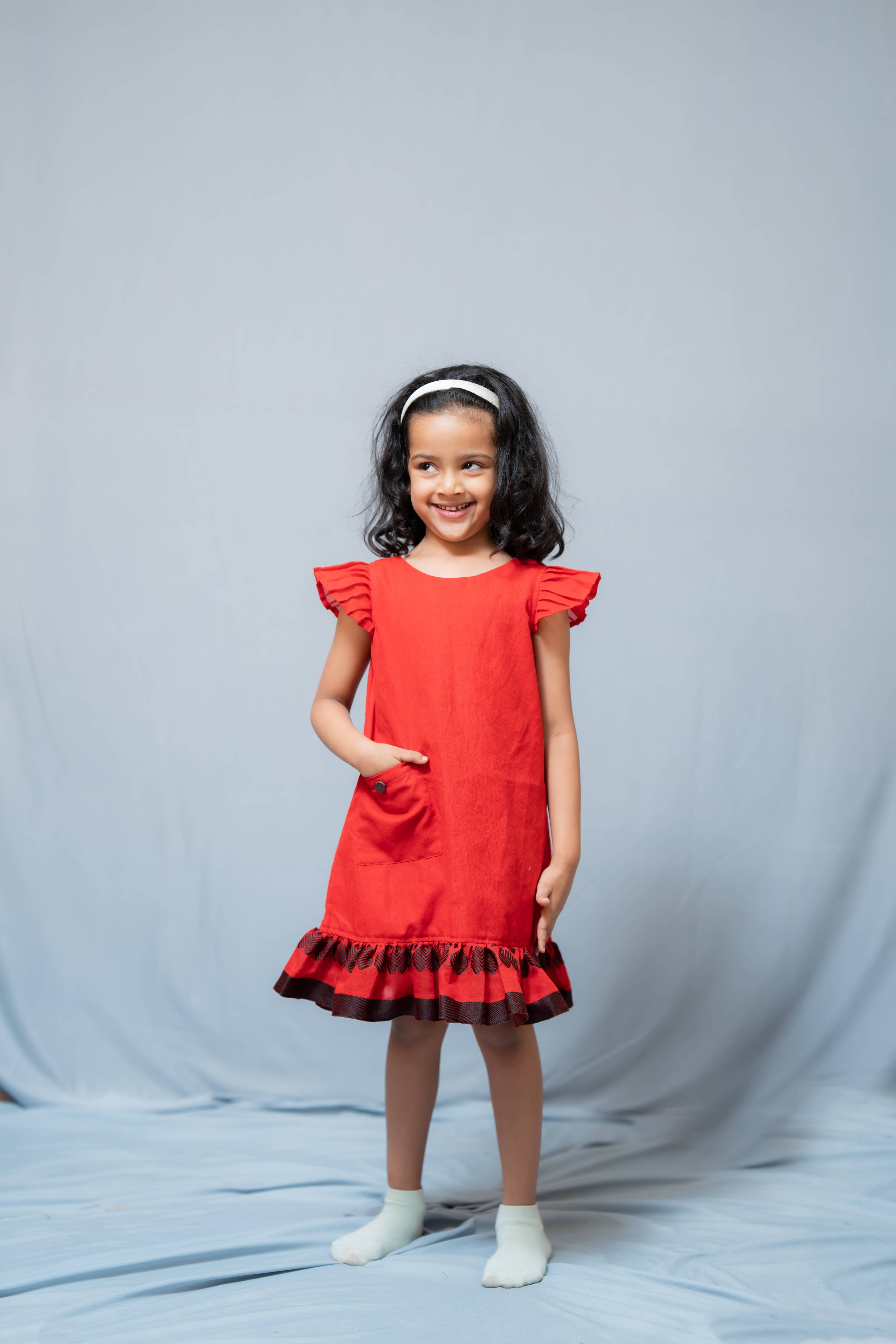 Ritu - Frill-frock in Red heart in Khadi fabric