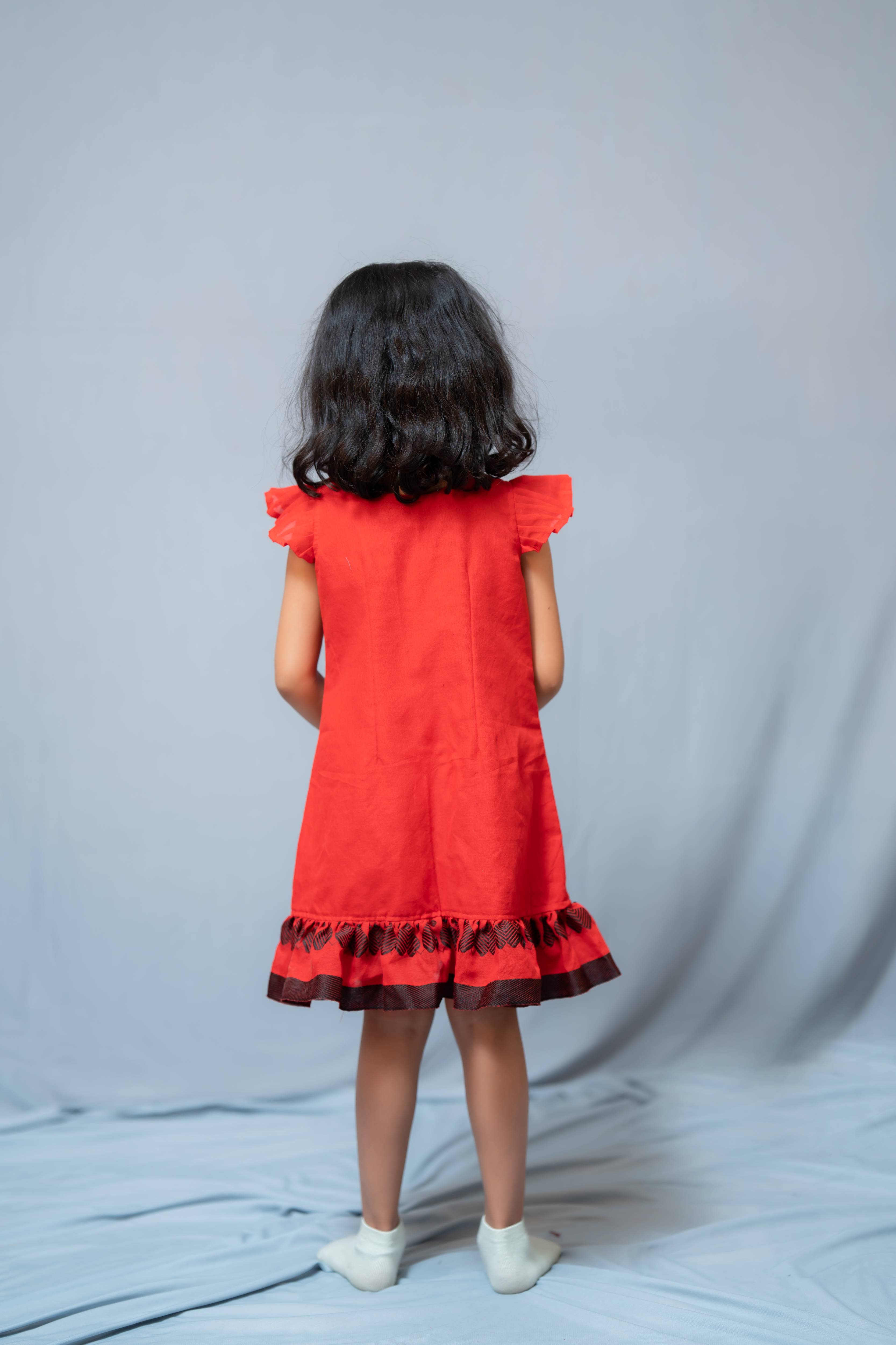 Ritu - Frill-frock in Red heart in Khadi fabric