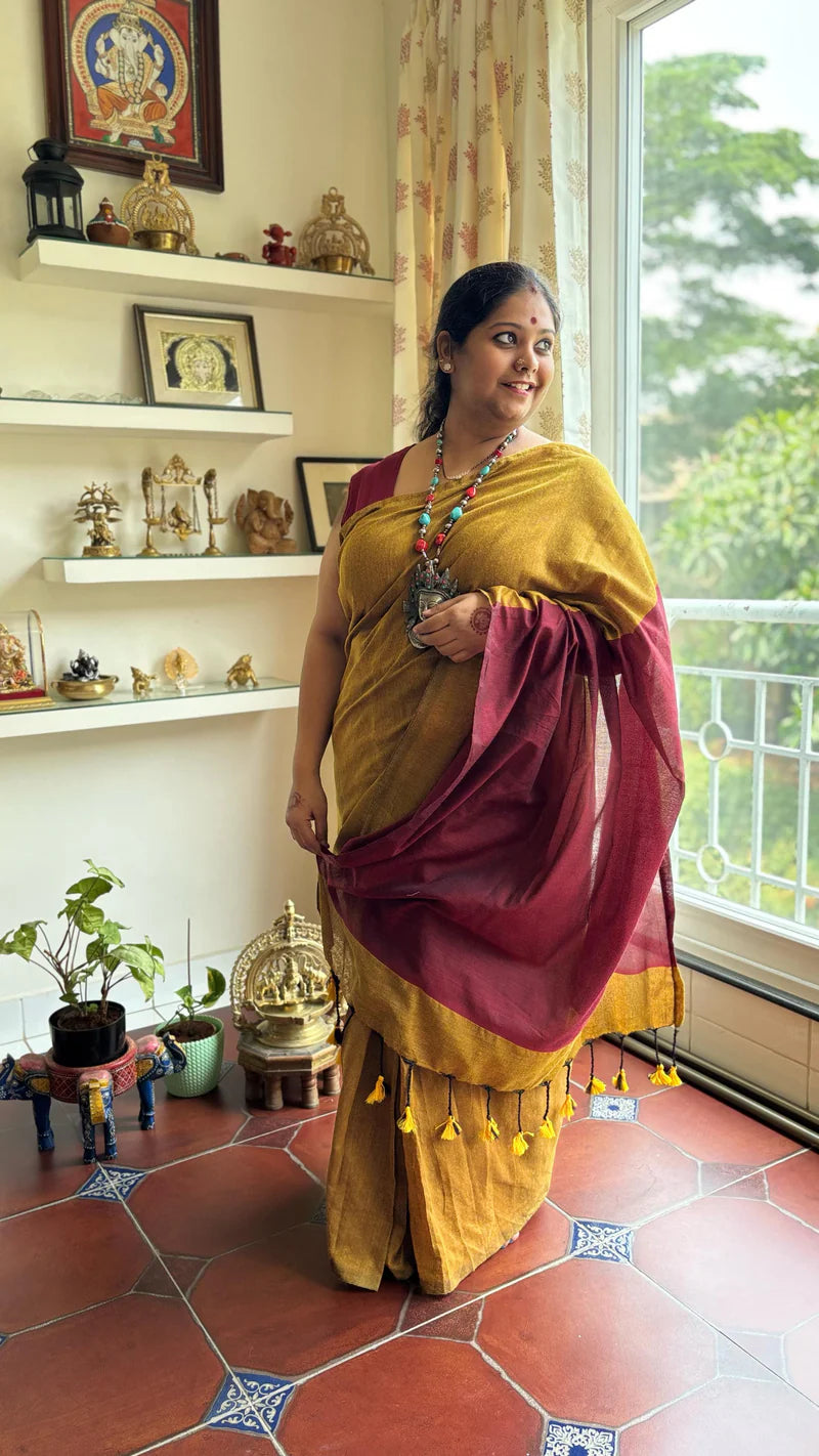 Aanchal - Saree (Unstitched) in Mustard with Red Khadi fabric
