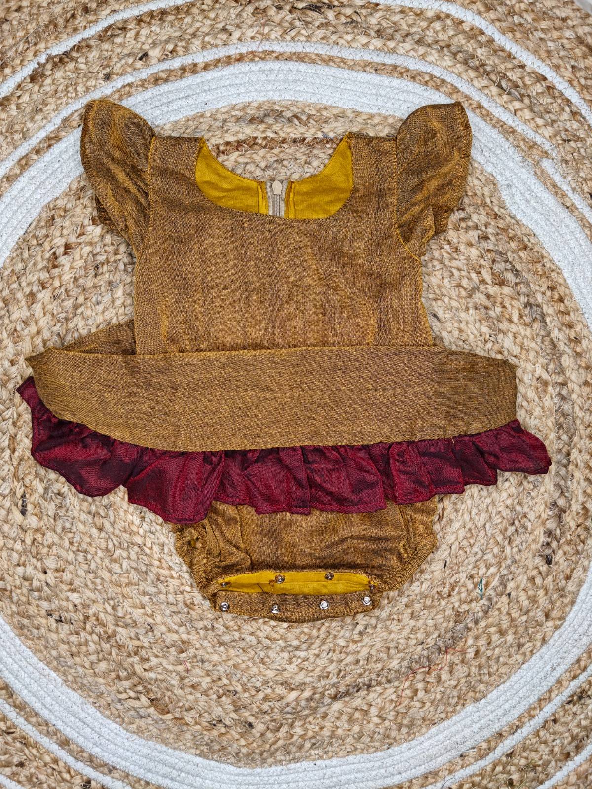 Daisy- Frock Rompers in Mustard with red in Khadi fabric