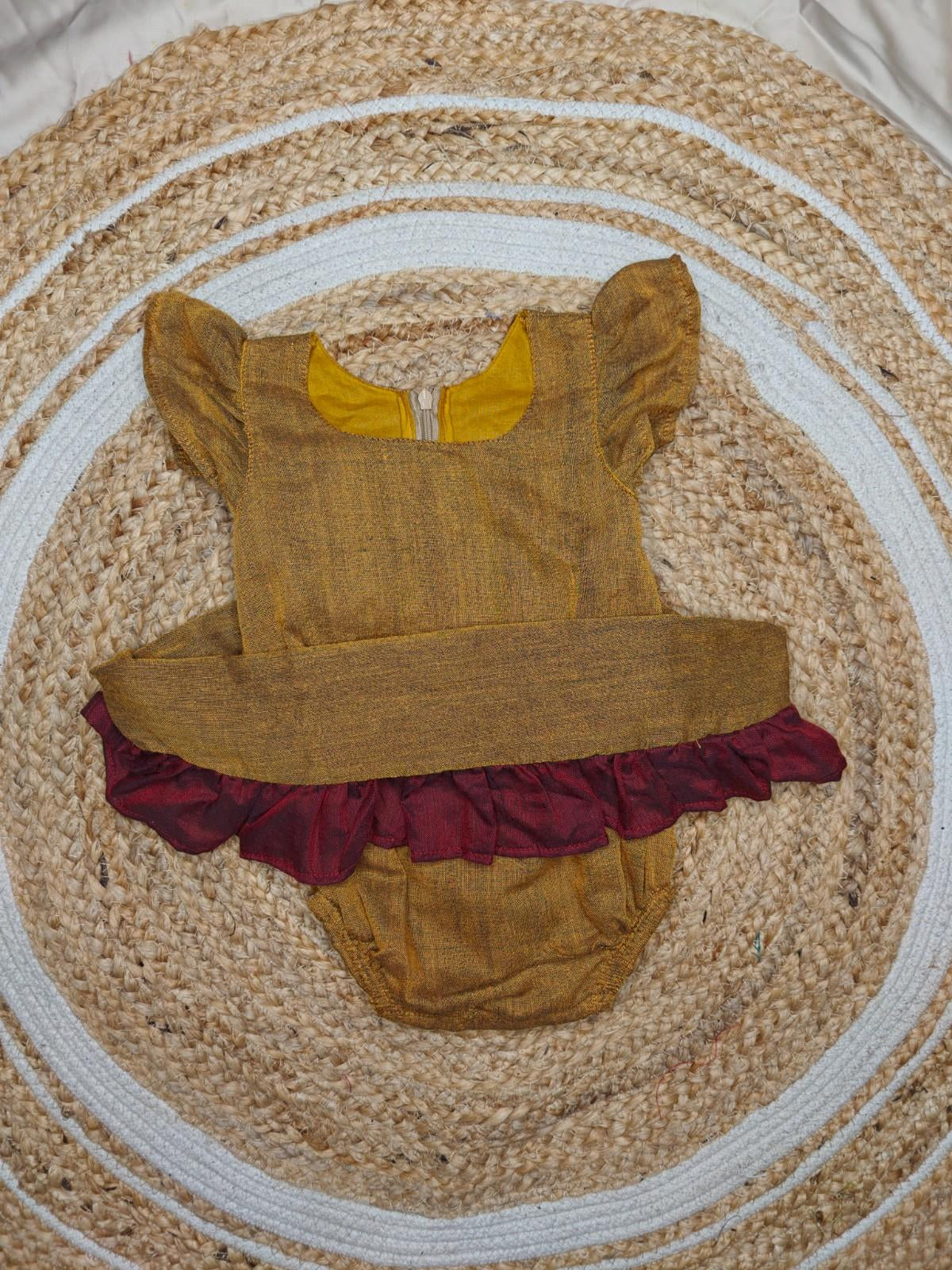 Daisy- Frock Rompers in Mustard with red in Khadi fabric