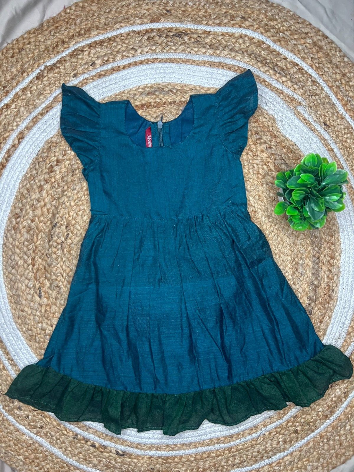 Daisy- Frock Rompers in Teal with green in Khadi fabric