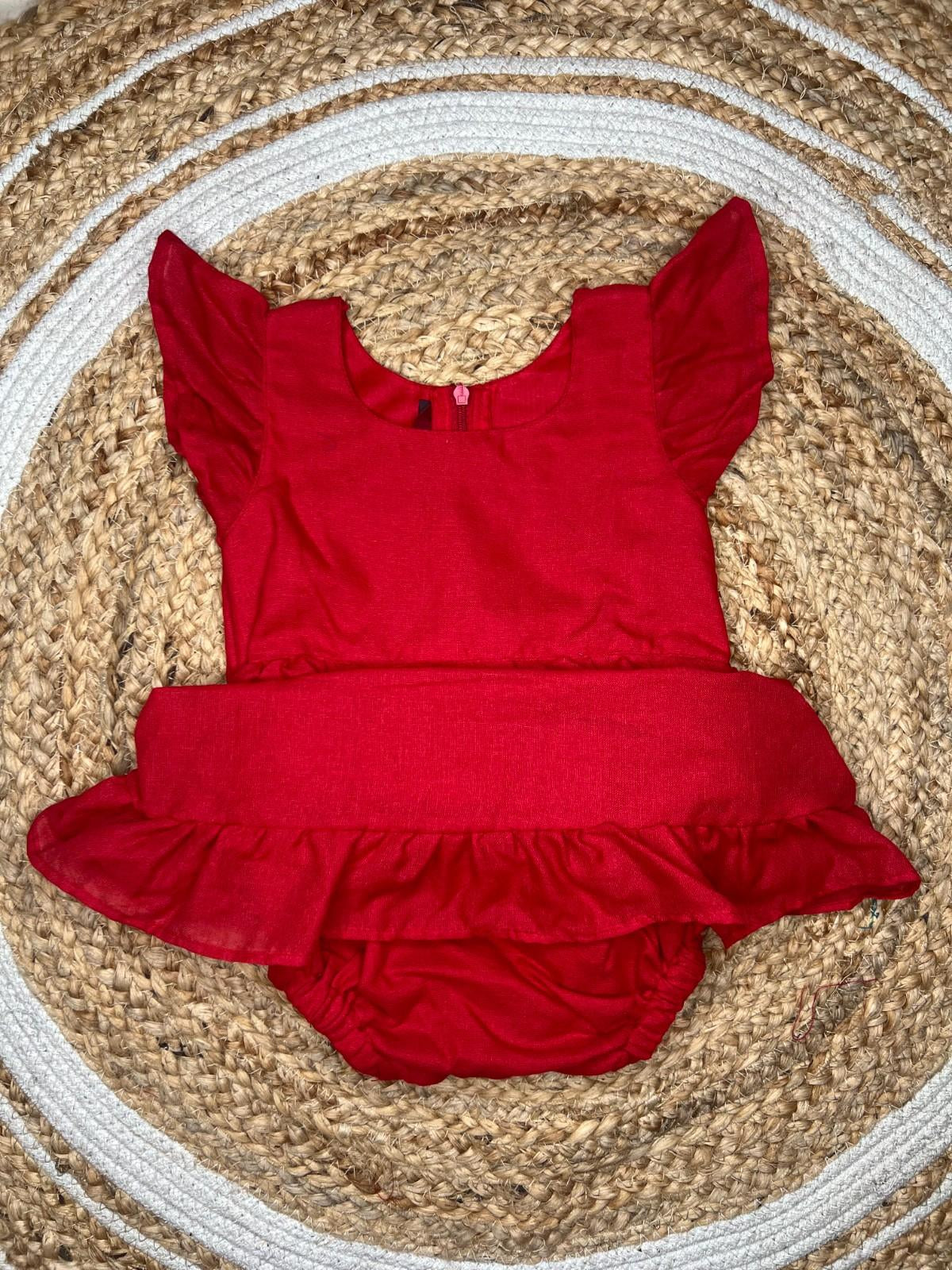 Daisy- Frock Rompers in Red heart in Khadi fabric